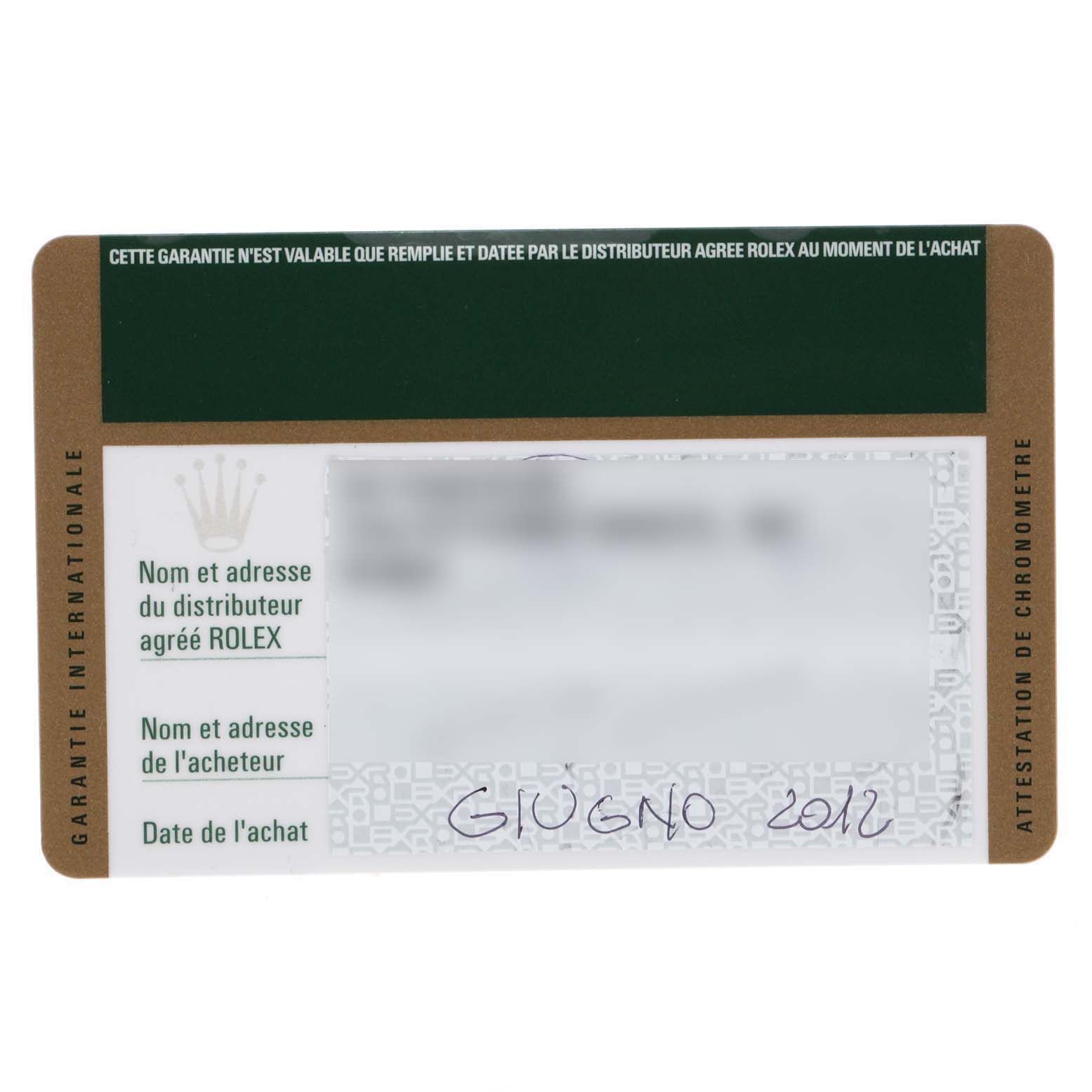 This image shows a warranty card for a Rolex Turn-o-Graph 116264 Men
s Stainless Steel Blue Dial 116264 Men
s Stainless Steel Blue Dial watch.