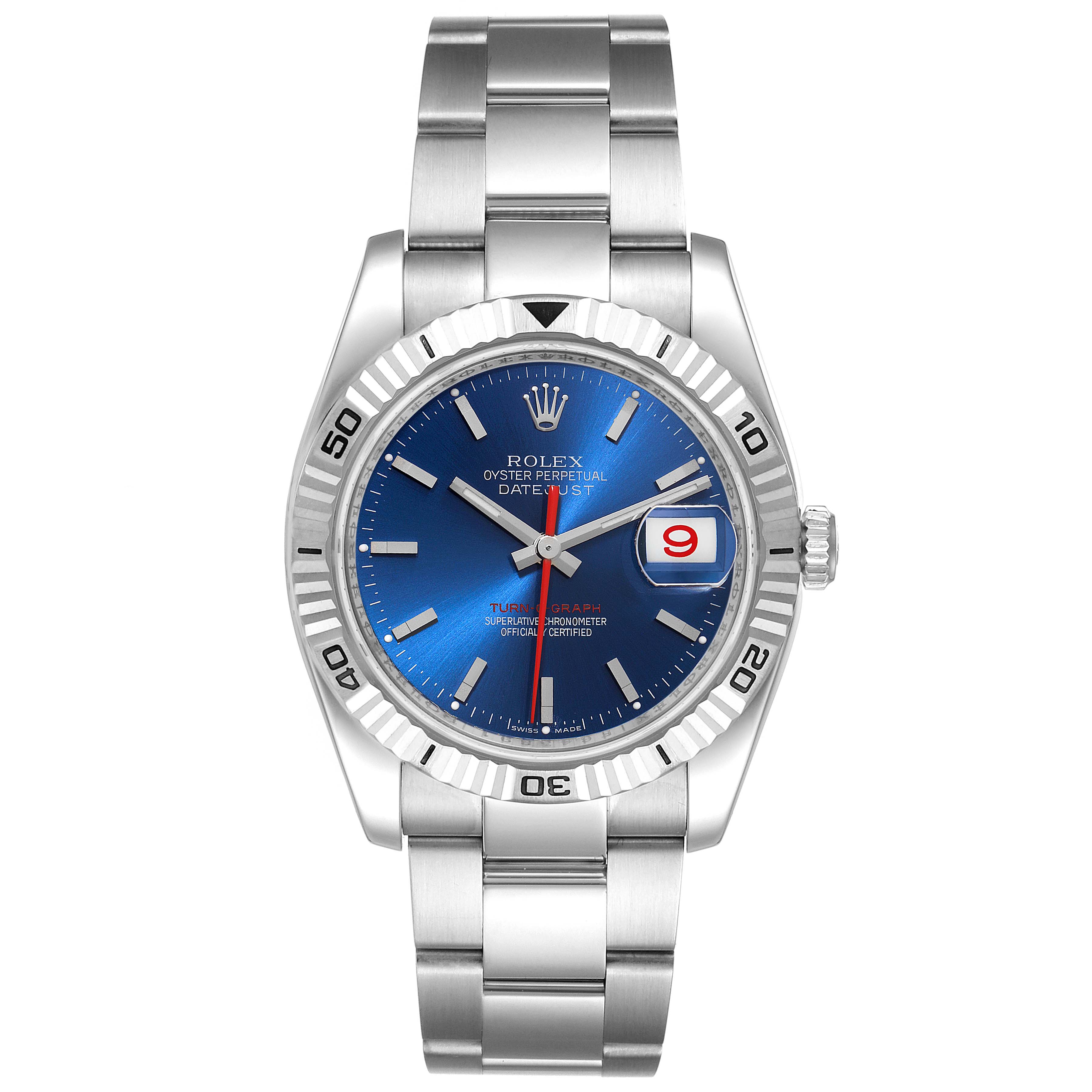The Rolex Turn-o-Graph 116264 Men
s Stainless Steel Blue Dial 116264 Men
s Stainless Steel Blue Dial watch is shown from a top-down angle, displaying its dial, hands, bezel, and bracelet.