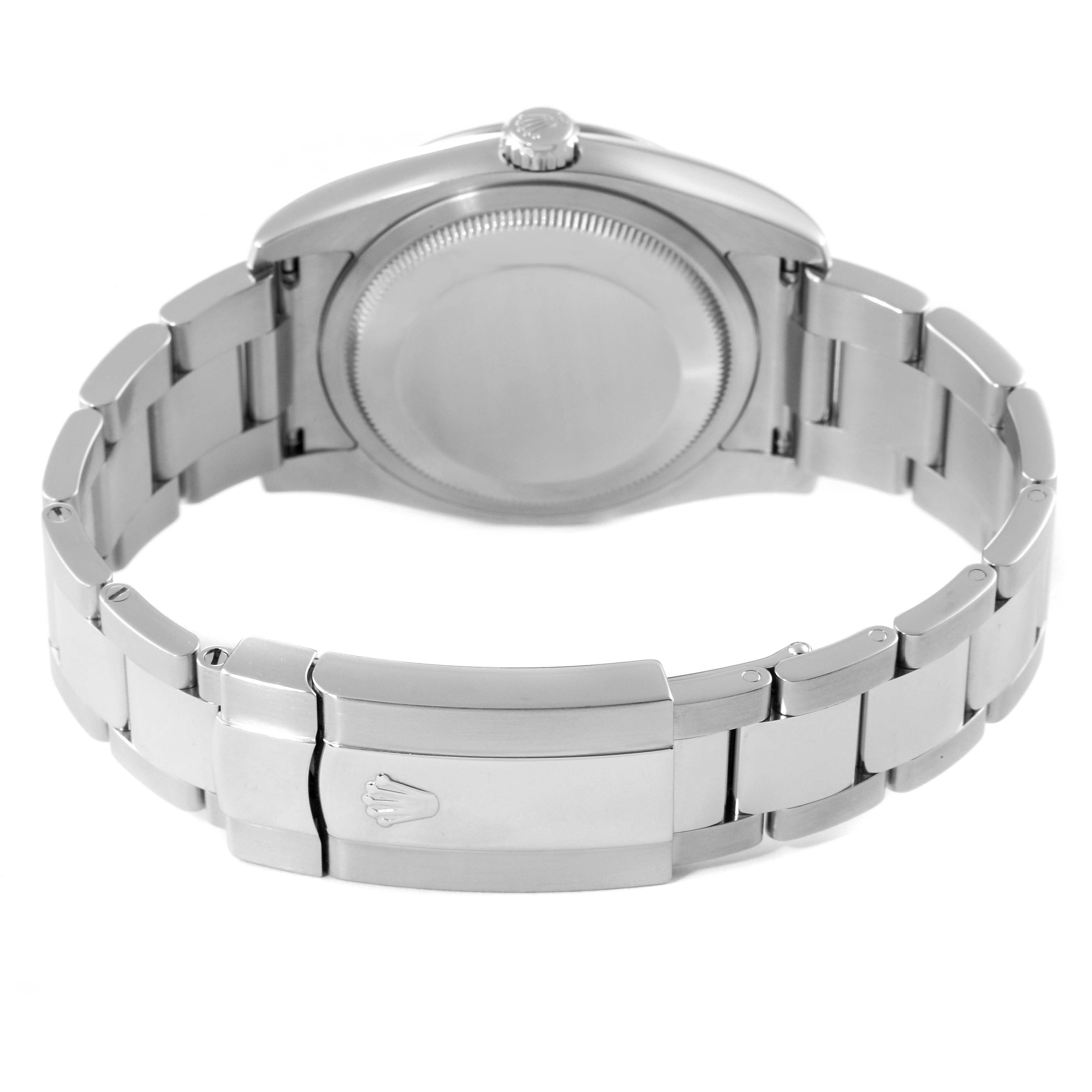 This image shows the back and clasp of a Rolex Turn-o-Graph 116264 Men
s Stainless Steel Blue Dial 116264 Men
s Stainless Steel Blue Dial watch at an angle highlighting its bracelet and case back.