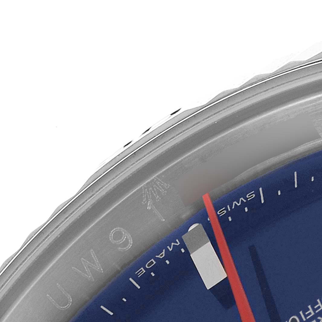 This image shows a close-up angle of the dial and bezel of a Rolex Turn-o-Graph 116264 Men
s Stainless Steel Blue Dial 116264 Men
s Stainless Steel Blue Dial watch.