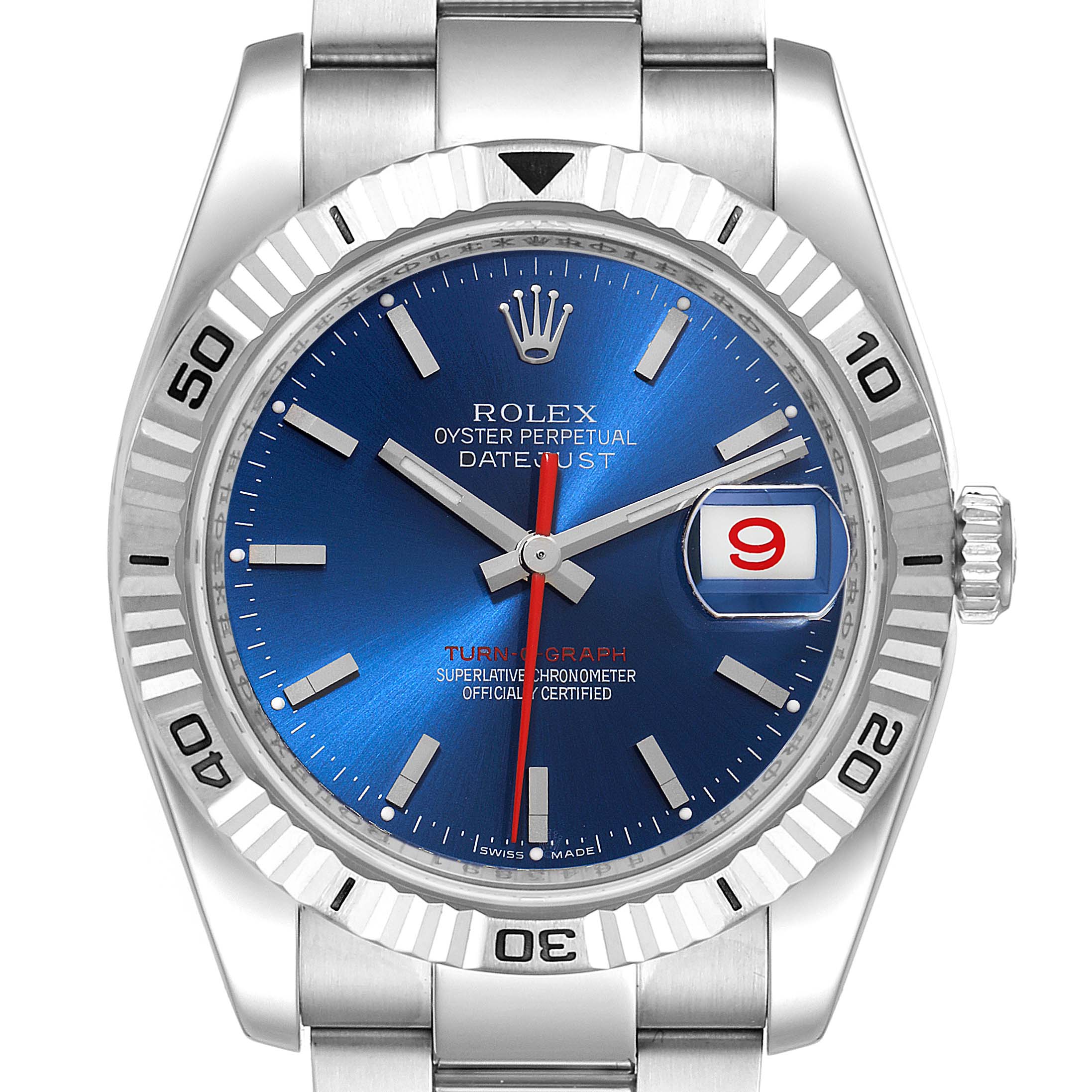 The image shows a frontal view of the Rolex Turn-o-Graph 116264 Men
s Stainless Steel Blue Dial 116264 Men
s Stainless Steel Blue Dial watch, featuring a blue dial, date display, and silver bezel.