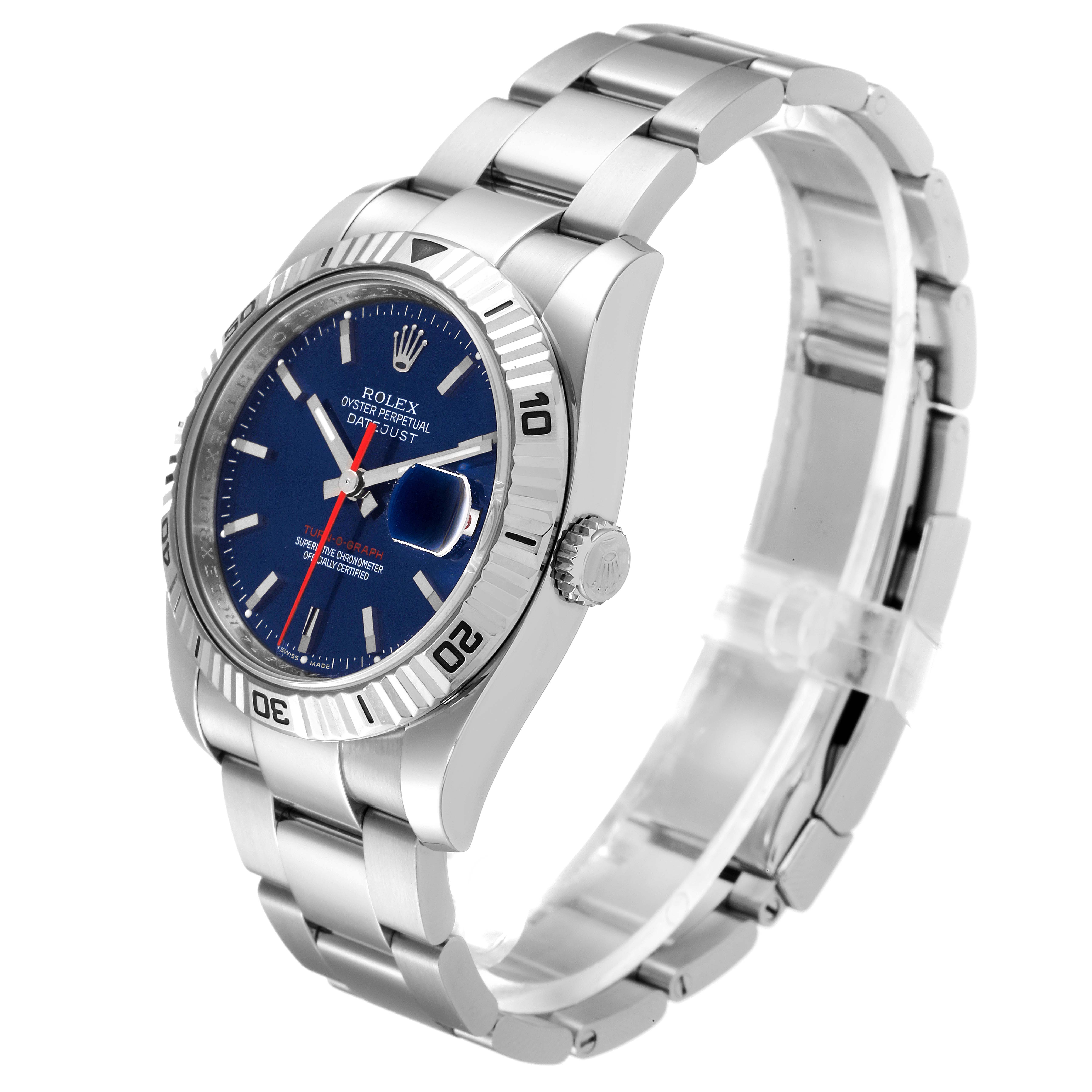 The Rolex Turn-o-Graph 116264 Men
s Stainless Steel Blue Dial 116264 Men
s Stainless Steel Blue Dial watch is shown at a 3/4 angle, highlighting the blue dial, fluted bezel, and stainless steel bracelet.