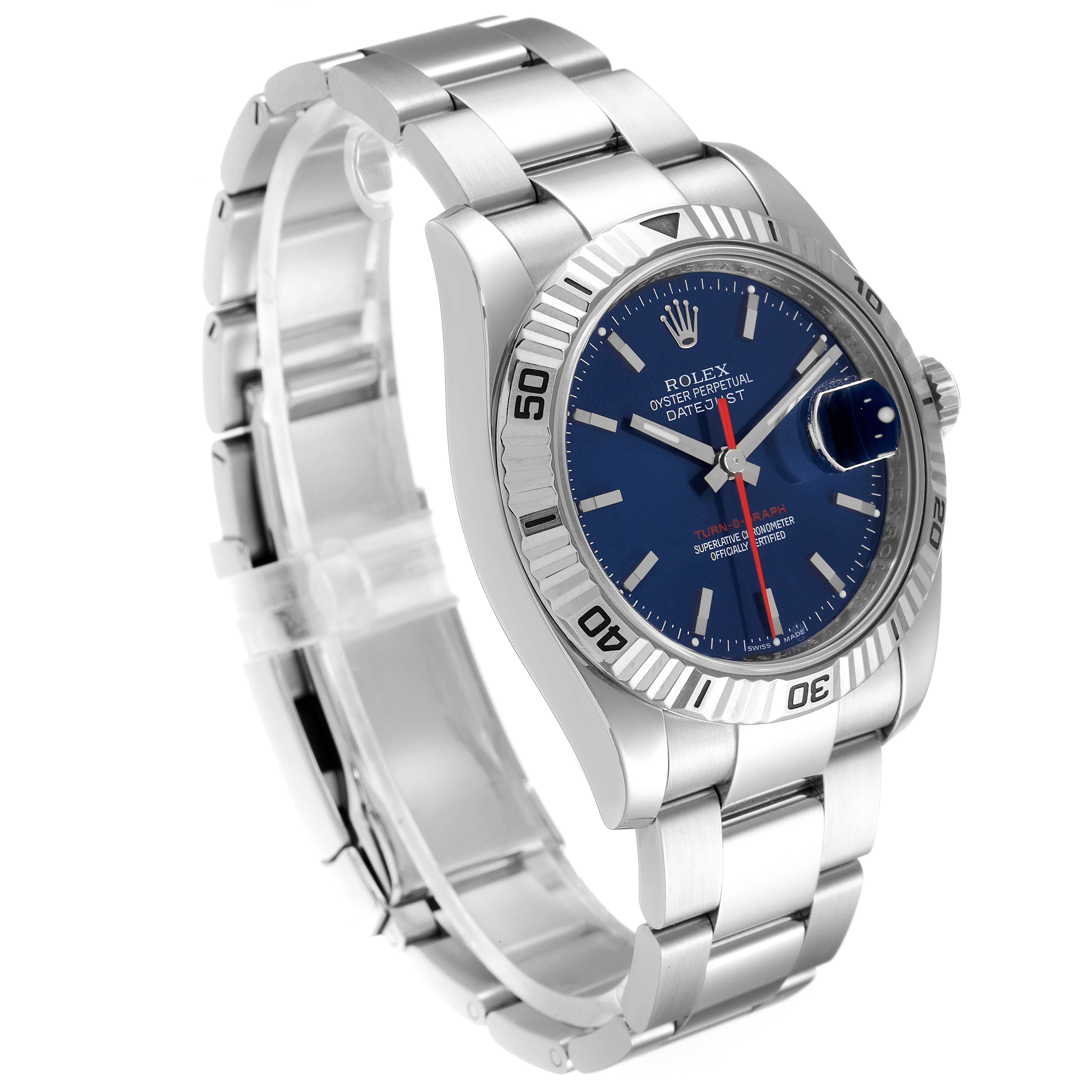 This image shows a Rolex Turn-o-Graph 116264 Men
s Stainless Steel Blue Dial 116264 Men
s Stainless Steel Blue Dial watch at a three-quarter angle, highlighting its blue dial, fluted bezel, and stainless steel bracelet.