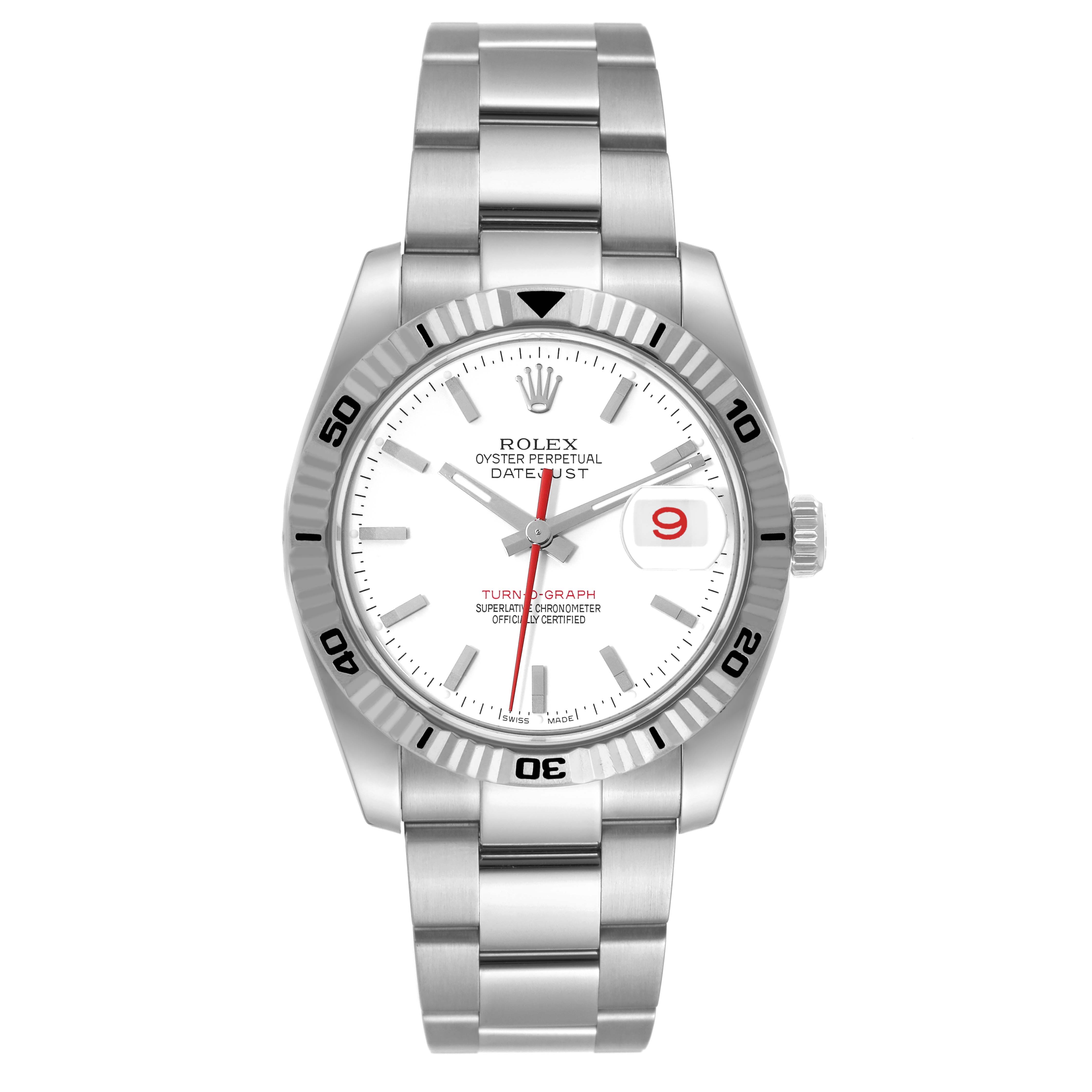 This image shows a frontal view of the Rolex Turn-o-Graph 116264 Men's Stainless Steel White Dial 116264 Men's Stainless Steel White Dial watch, displaying the dial, bezel, and bracelet.