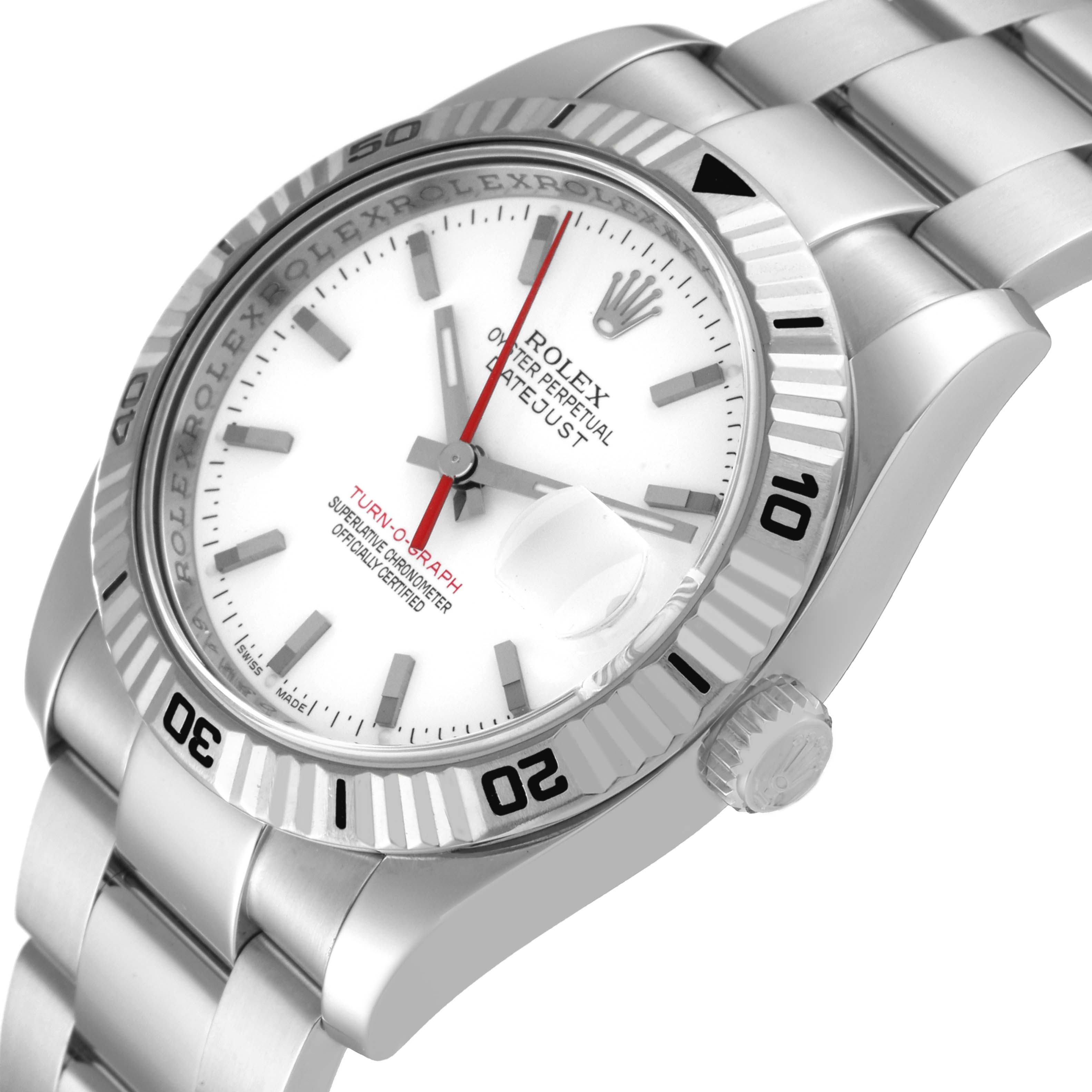 The image shows a close-up, angled view of the Rolex Turn-o-Graph 116264 Men's Stainless Steel White Dial 116264 Men's Stainless Steel White Dial watch with a white dial and metal bracelet.