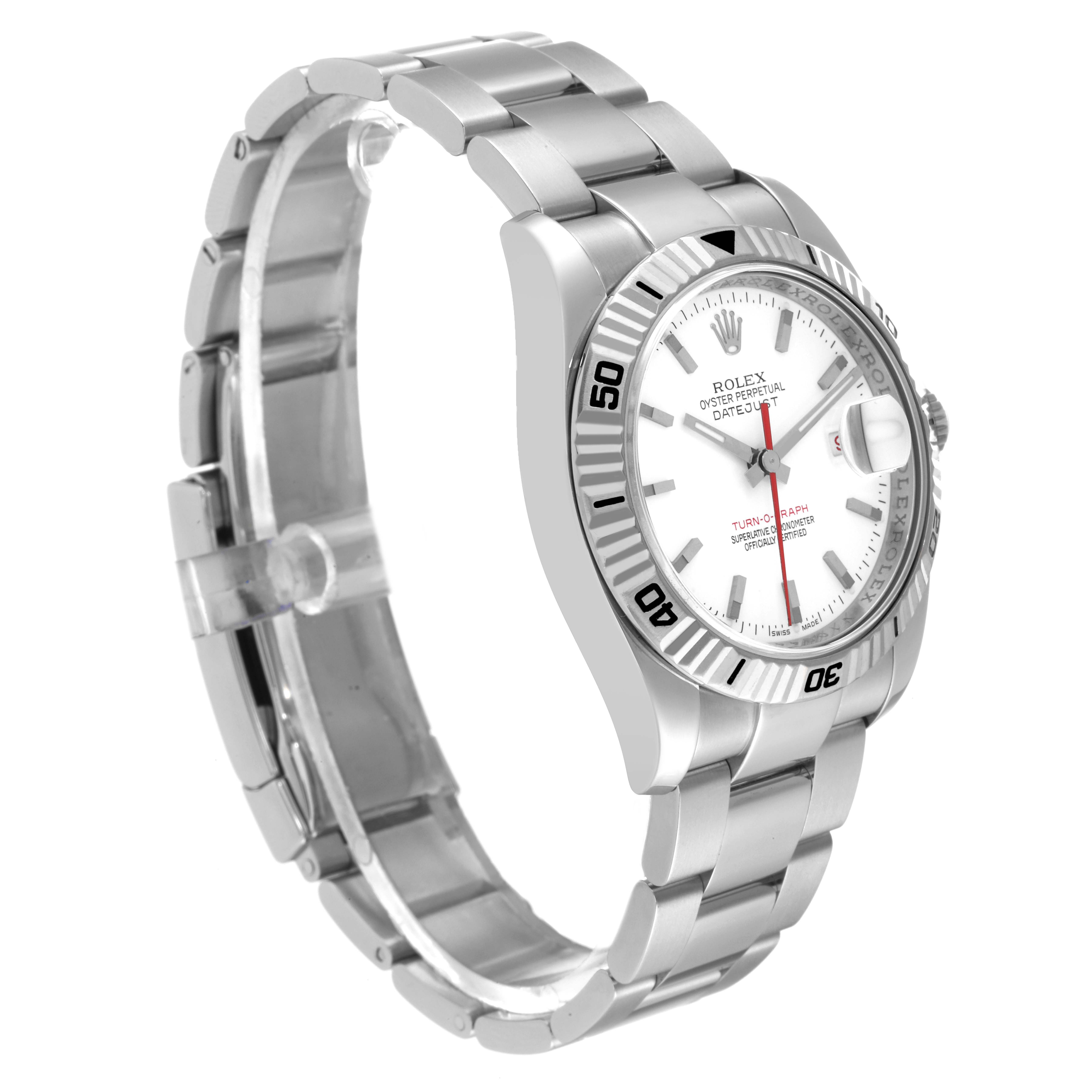 The image shows a side view of the Rolex Turn-o-Graph 116264 Men's Stainless Steel White Dial 116264 Men's Stainless Steel White Dial watch, highlighting its stainless steel bracelet and white dial.