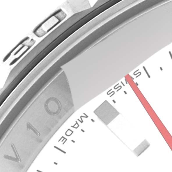 The image shows a close-up of the bezel, dial, and part of the red second hand of the Rolex Turn-o-Graph 116264 Men's Stainless Steel White Dial 116264 Men's Stainless Steel White Dial.