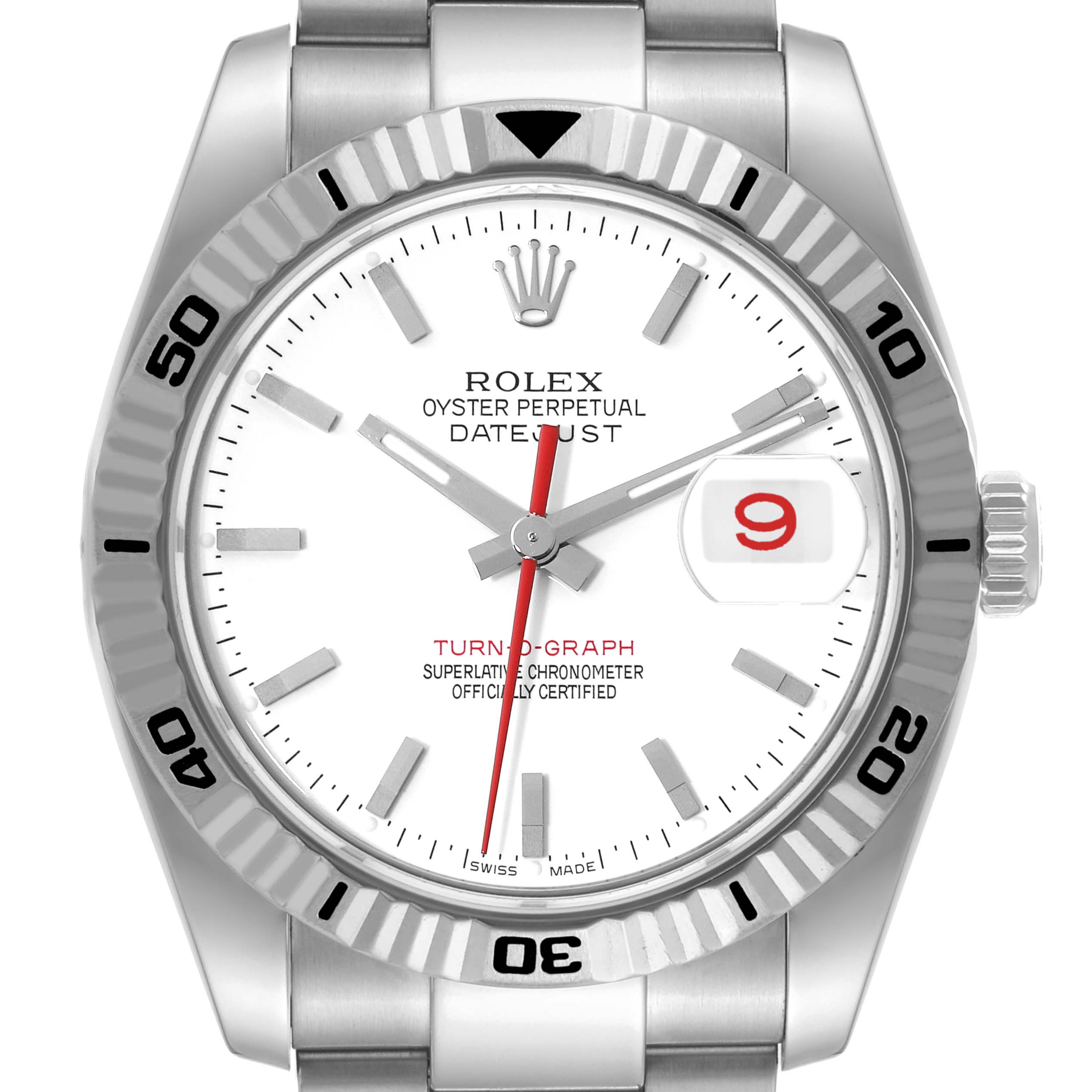 The image shows a front view of the Rolex Turn-o-Graph 116264 Men's Stainless Steel White Dial 116264 Men's Stainless Steel White Dial watch, highlighting the bezel, dial, hands, and crown.