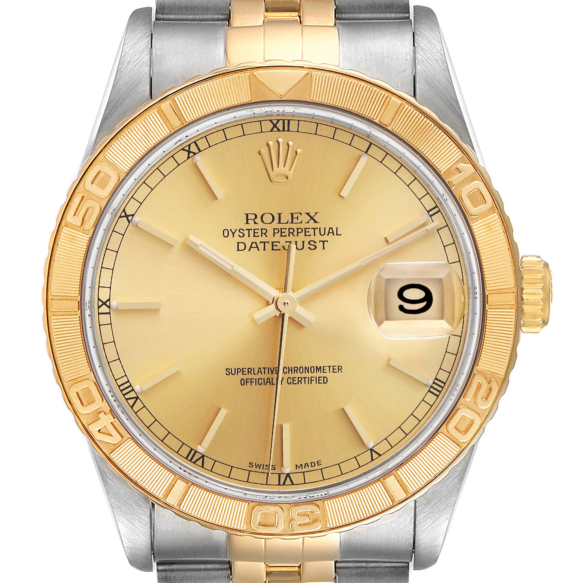This image shows the front view of a Rolex Turn-o-Graph 16263 Men
s Steel and Gold (two tone) Champagne Dial 16263 Men
s Steel and Gold (two tone) Champagne Dial watch, highlighting its gold-tone bezel, dial, and bracelet.