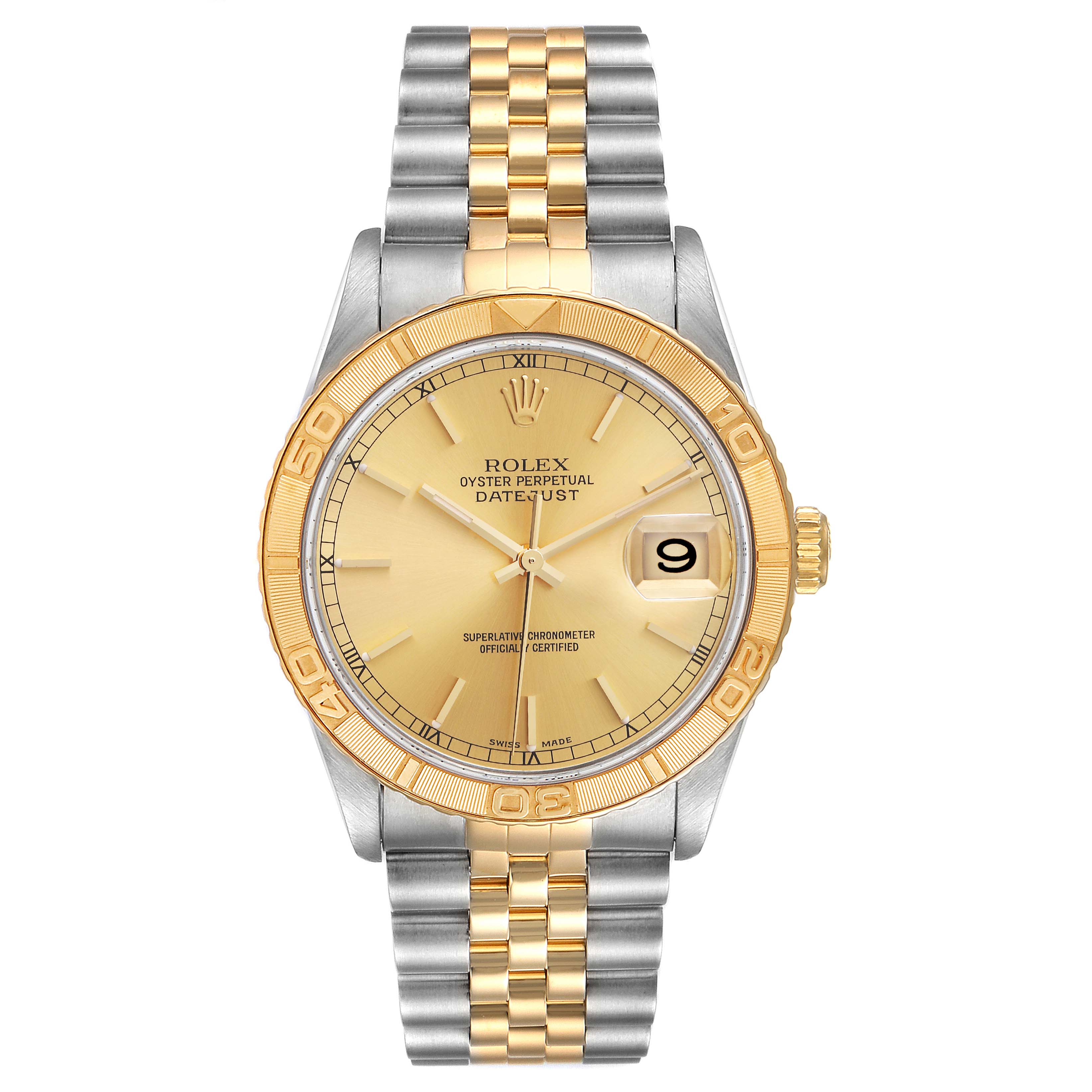 This image shows a Rolex Turn-o-Graph 16263 Men
s Steel and Gold (two tone) Champagne Dial 16263 Men
s Steel and Gold (two tone) Champagne Dial watch from a front angle, highlighting its two-tone bracelet, face, and bezel.