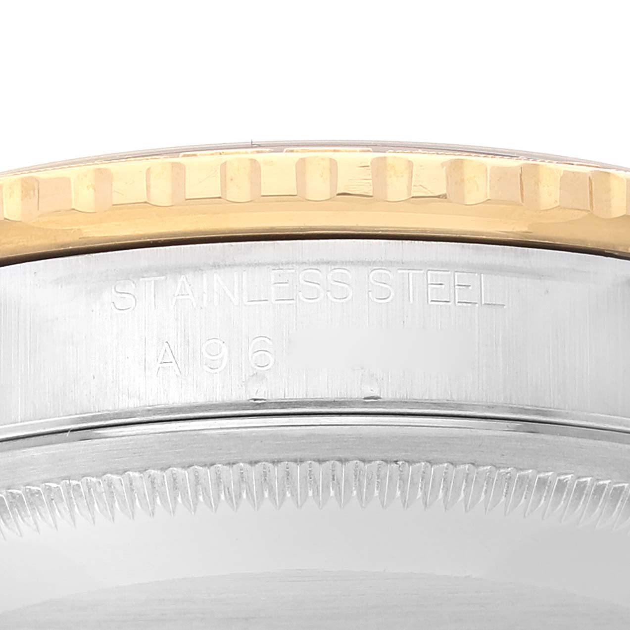 The close-up image shows the stainless steel and gold bezel of the Rolex Turn-o-Graph 16263 Men
s Steel and Gold (two tone) Champagne Dial 16263 Men
s Steel and Gold (two tone) Champagne Dial model, including part of the engraved text.