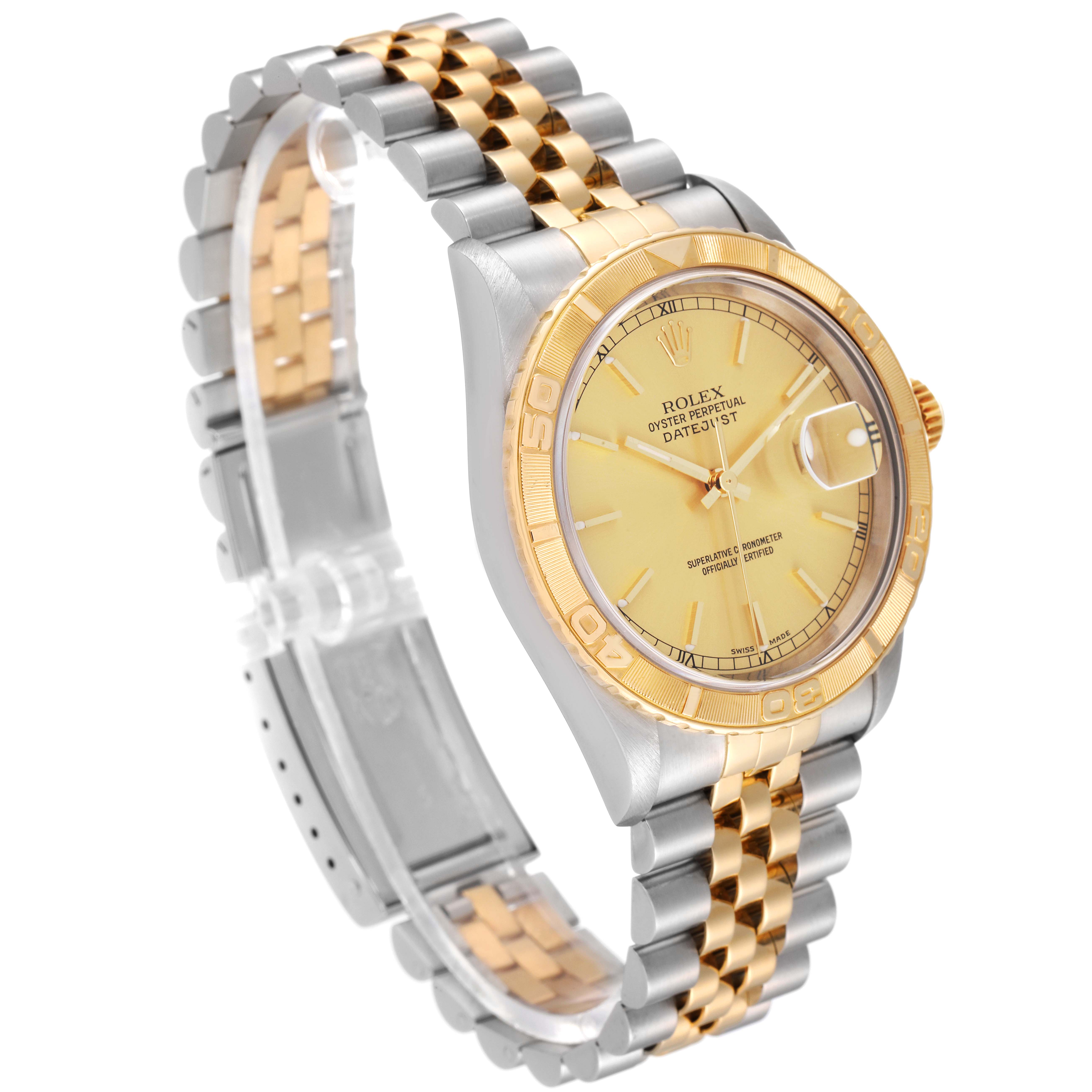 This image shows a side-angle view of the Rolex Turn-o-Graph 16263 Men
s Steel and Gold (two tone) Champagne Dial 16263 Men
s Steel and Gold (two tone) Champagne Dial watch, highlighting its two-tone bracelet and gold bezel.