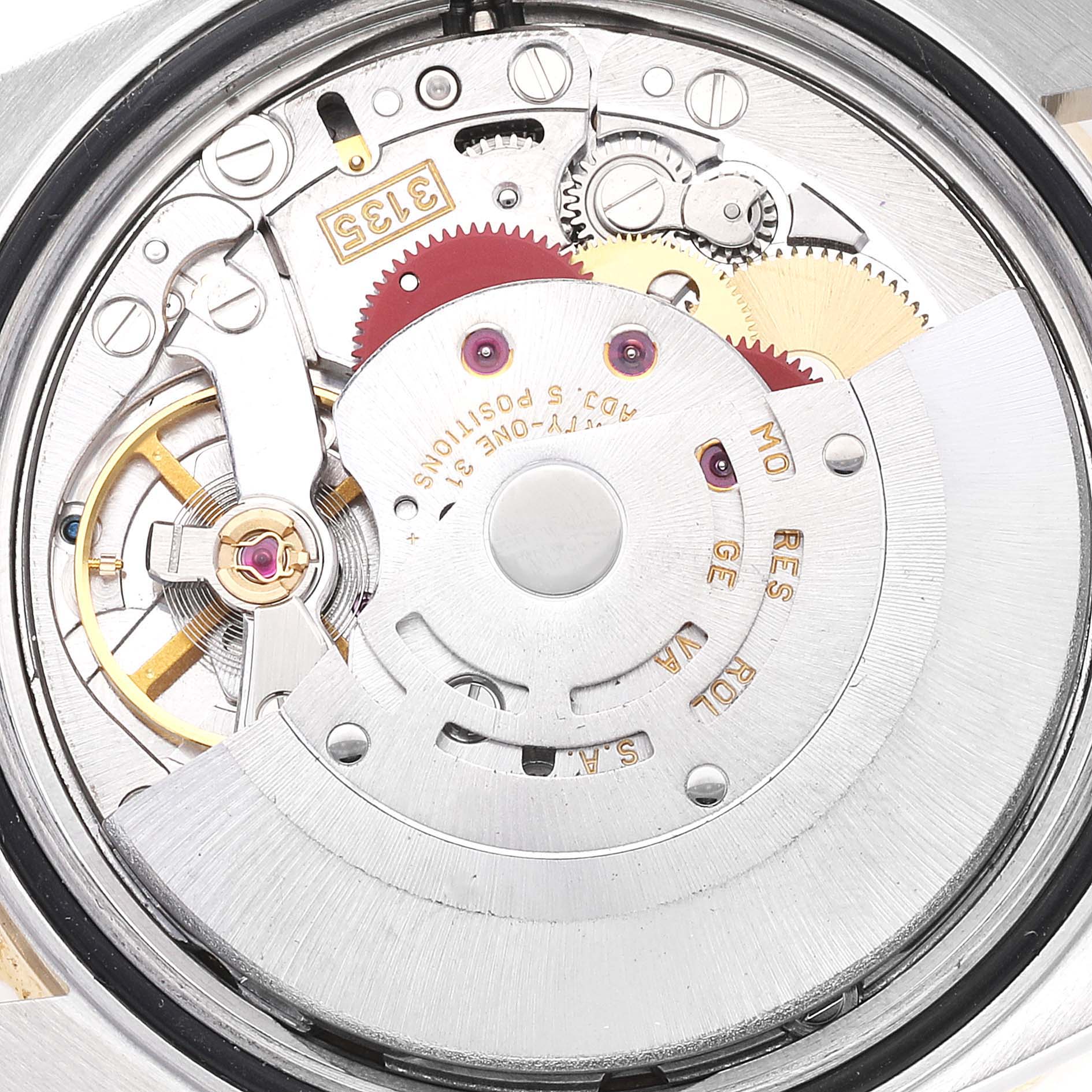 This image shows a close-up of the internal movement components of a Rolex Turn-o-Graph 16263 Men
s Steel and Gold (two tone) Champagne Dial 16263 Men
s Steel and Gold (two tone) Champagne Dial watch, highlighting gears and mechanics.