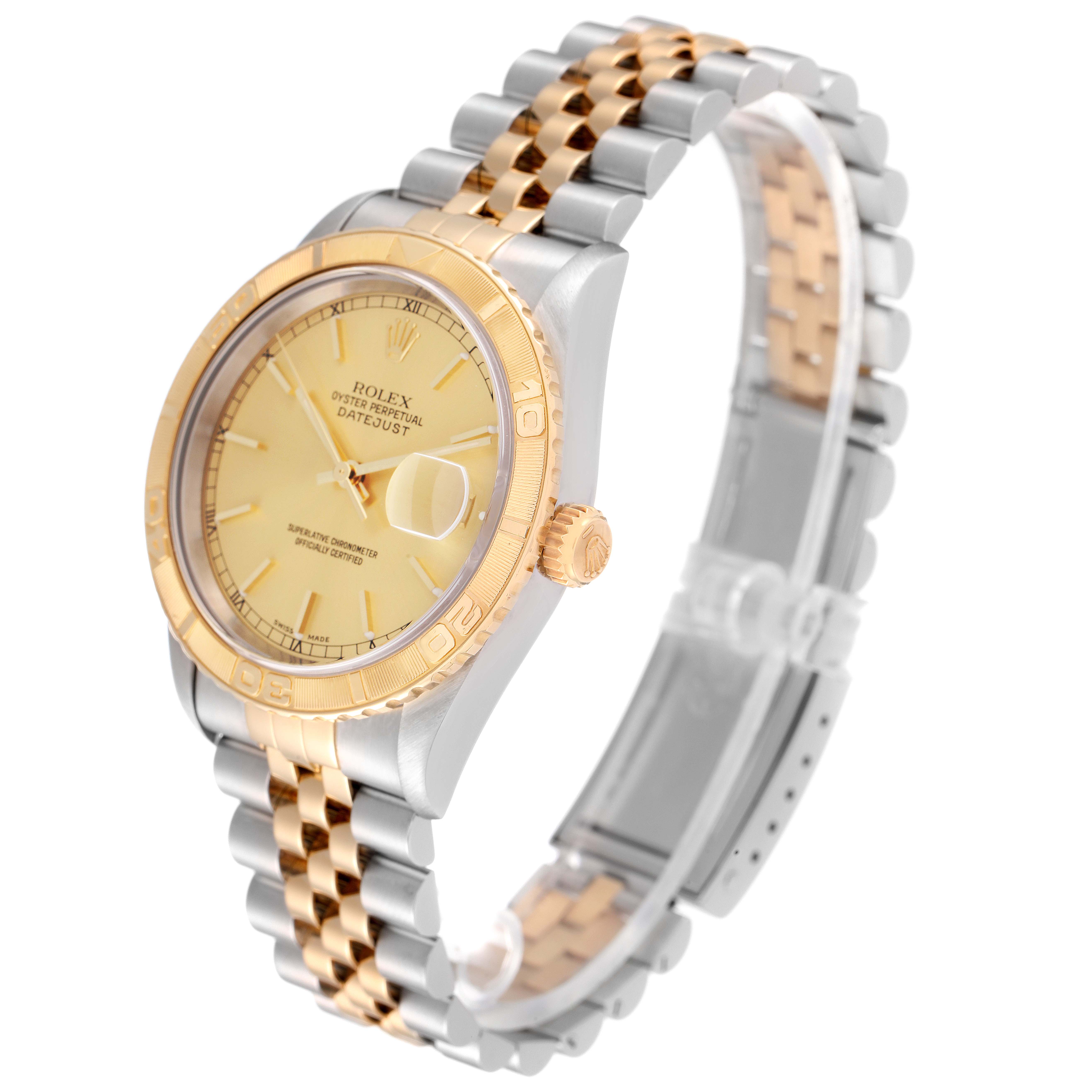 The Rolex Turn-o-Graph 16263 Men
s Steel and Gold (two tone) Champagne Dial 16263 Men
s Steel and Gold (two tone) Champagne Dial watch is shown from an angled perspective, displaying the face, bezel, crown, and two-tone bracelet.