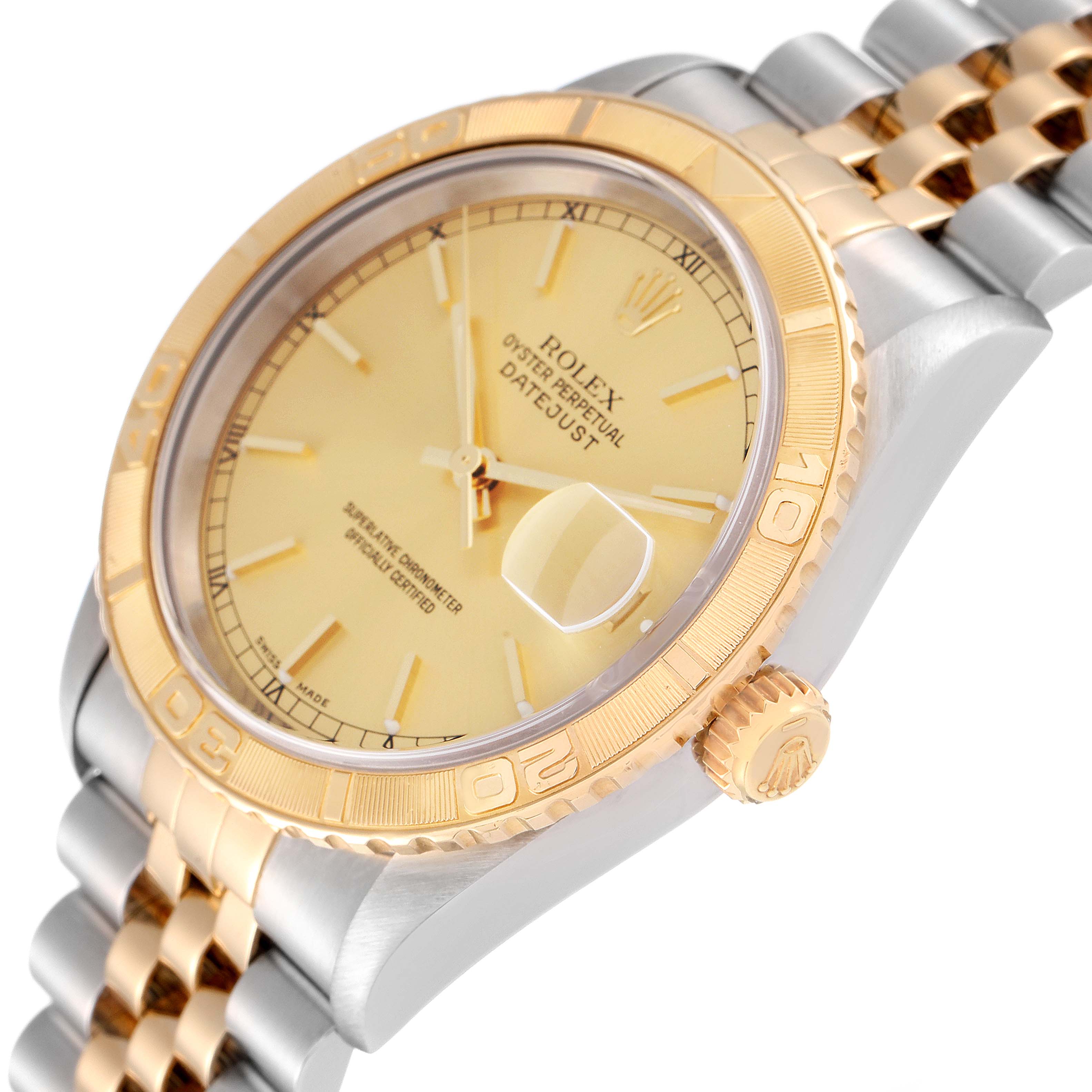 The image shows a side angle of the Rolex Turn-o-Graph 16263 Men
s Steel and Gold (two tone) Champagne Dial 16263 Men
s Steel and Gold (two tone) Champagne Dial watch, highlighting its bezel, crown, and part of the bracelet.