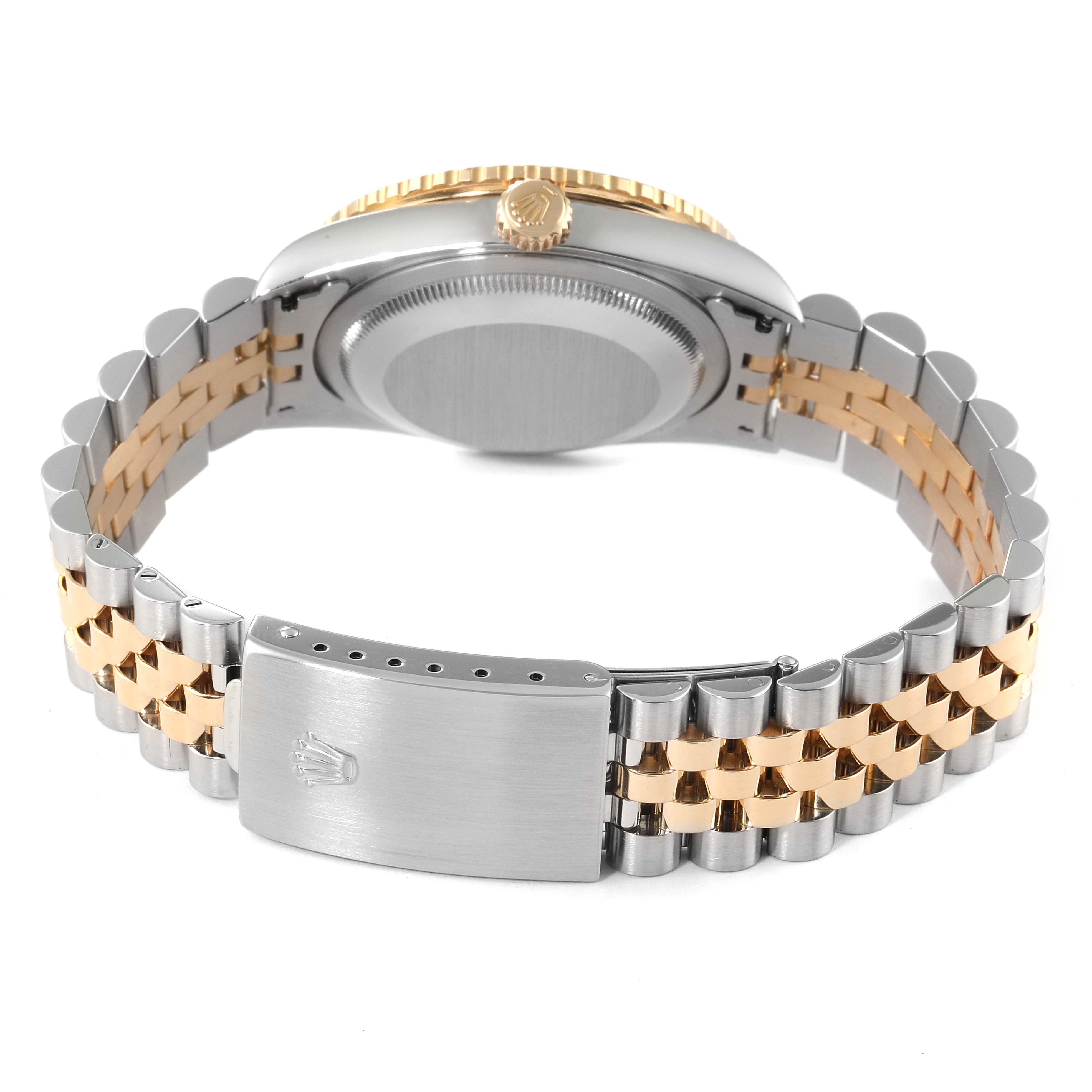 The image shows the case back, crown, and bracelet of the Rolex Turn-o-Graph 16263 Men
s Steel and Gold (two tone) Champagne Dial 16263 Men
s Steel and Gold (two tone) Champagne Dial watch from a rear angle.