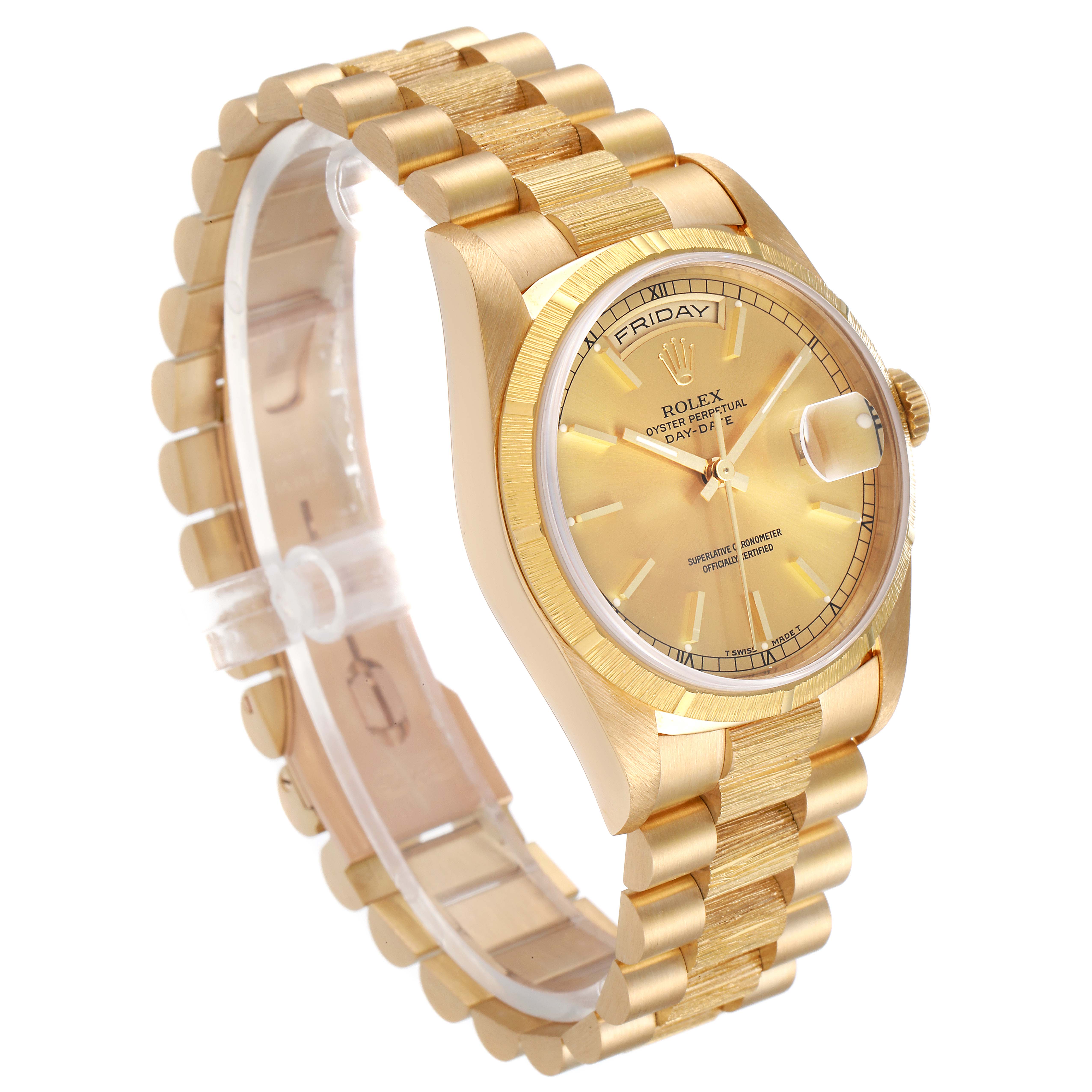 This image shows a side angle of a Rolex President 18248 Men
s Yellow Gold Champagne Dial 18248 Men
s Yellow Gold Champagne Dial model watch displaying its gold band, case, dial, and day-date features.