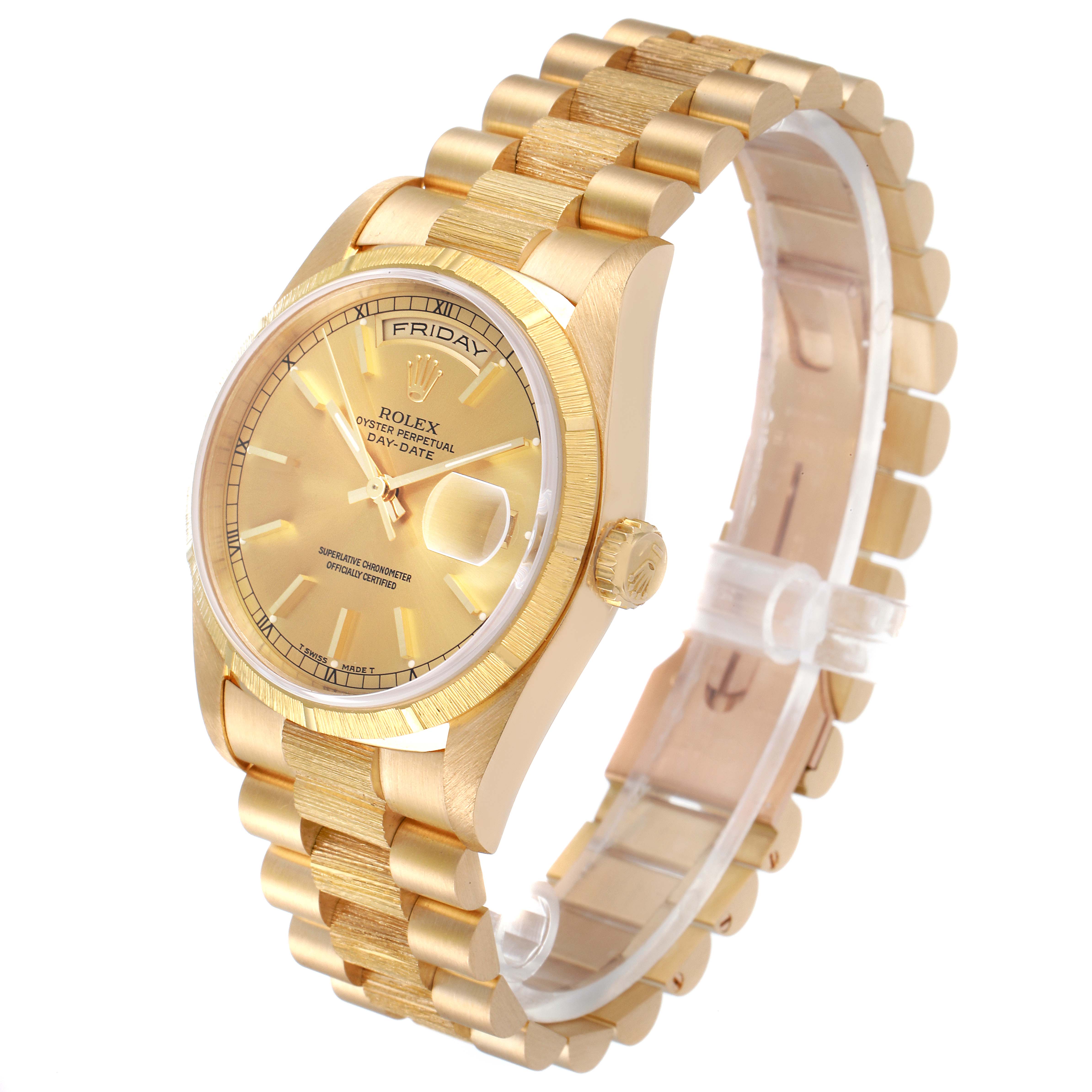 The image shows an angled view of a Rolex President 18248 Men
s Yellow Gold Champagne Dial 18248 Men
s Yellow Gold Champagne Dial model watch, highlighting its gold-colored case, dial, and bracelet.