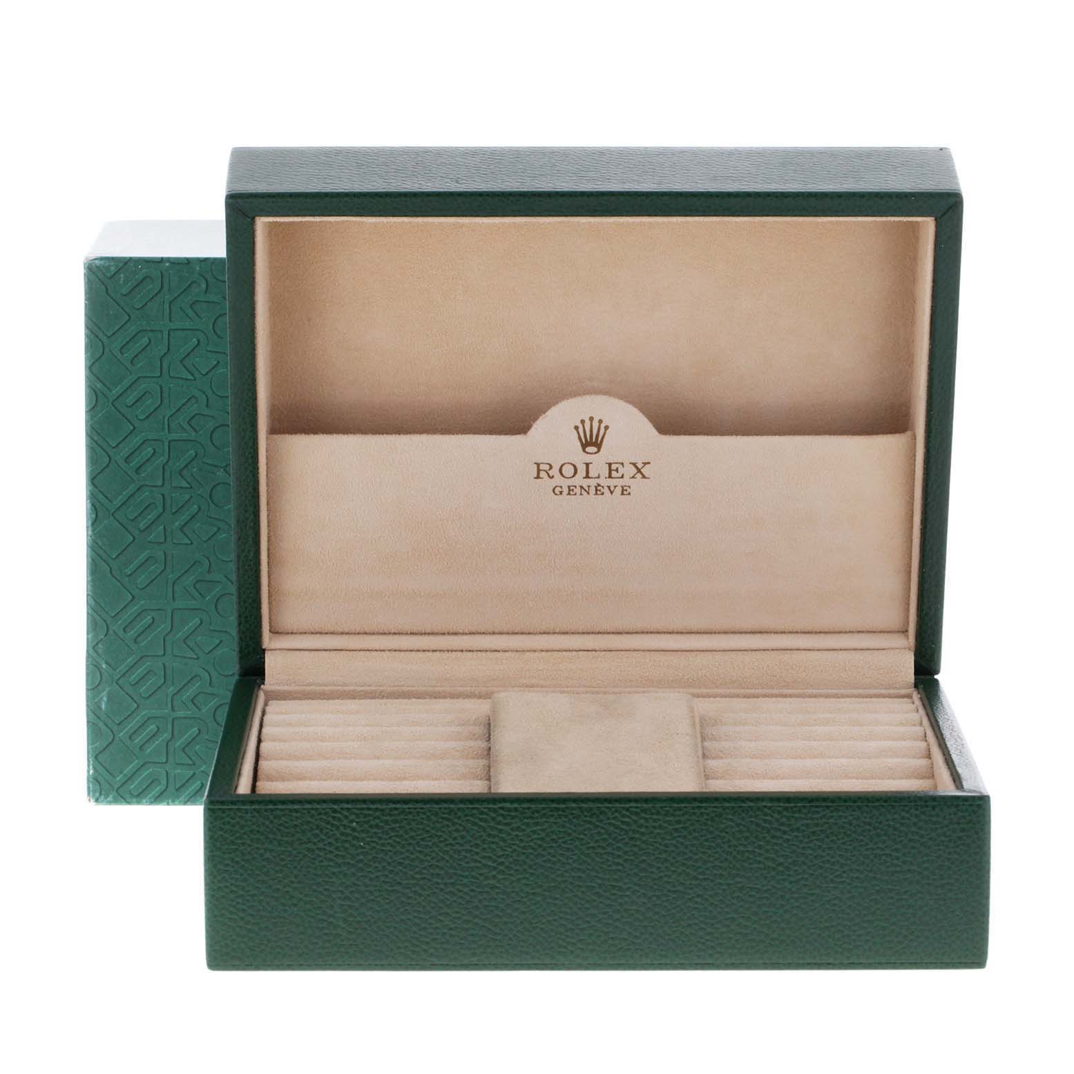 This image shows an open green Rolex watch box, specifically for the President model, with interior compartments.