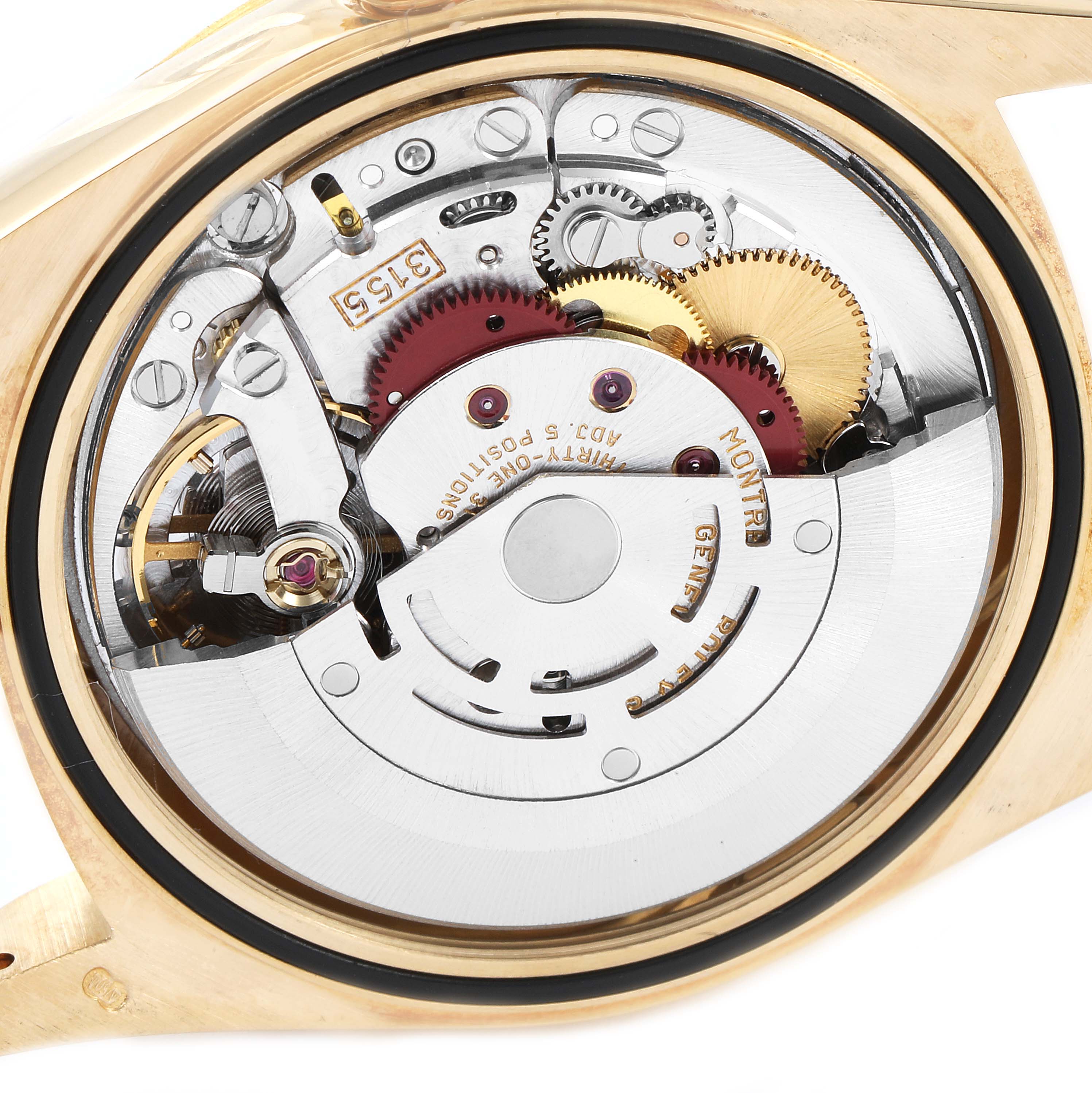 The image shows the intricate internal mechanism of a Rolex President 18248 Men
s Yellow Gold Champagne Dial 18248 Men
s Yellow Gold Champagne Dial model watch from a rear view.