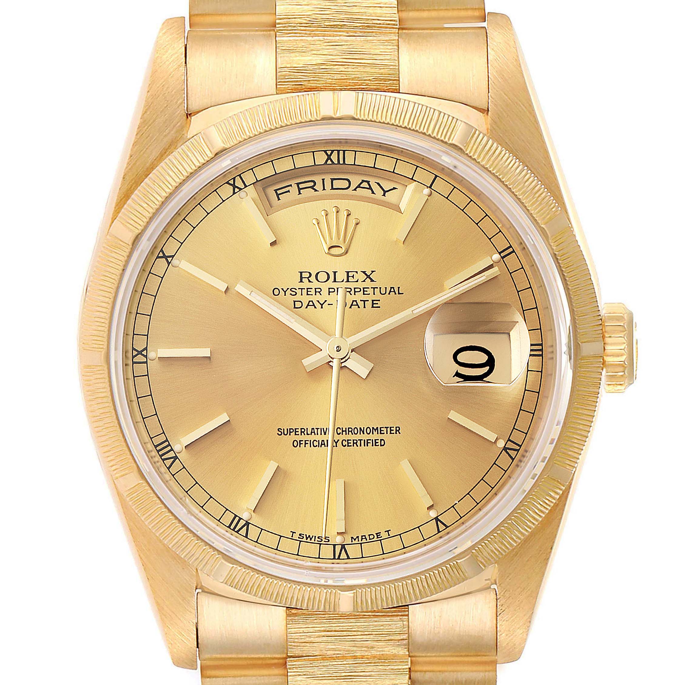 The image shows a frontal view of the Rolex President 18248 Men
s Yellow Gold Champagne Dial 18248 Men
s Yellow Gold Champagne Dial model watch, highlighting its dial, hands, date window, and day display.