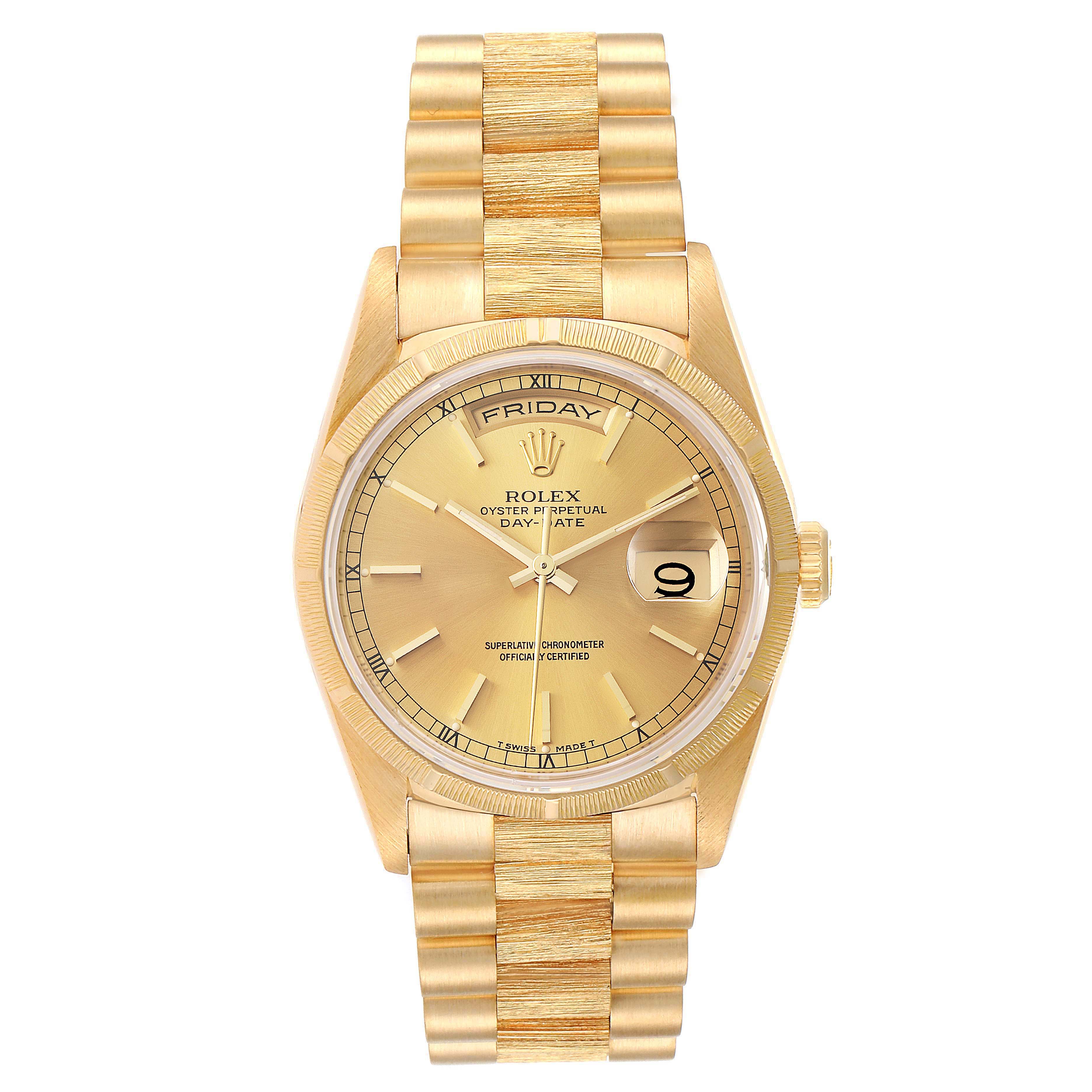 This image shows a front view of the Rolex President 18248 Men
s Yellow Gold Champagne Dial 18248 Men
s Yellow Gold Champagne Dial model watch, highlighting the dial, bezel, and bracelet.