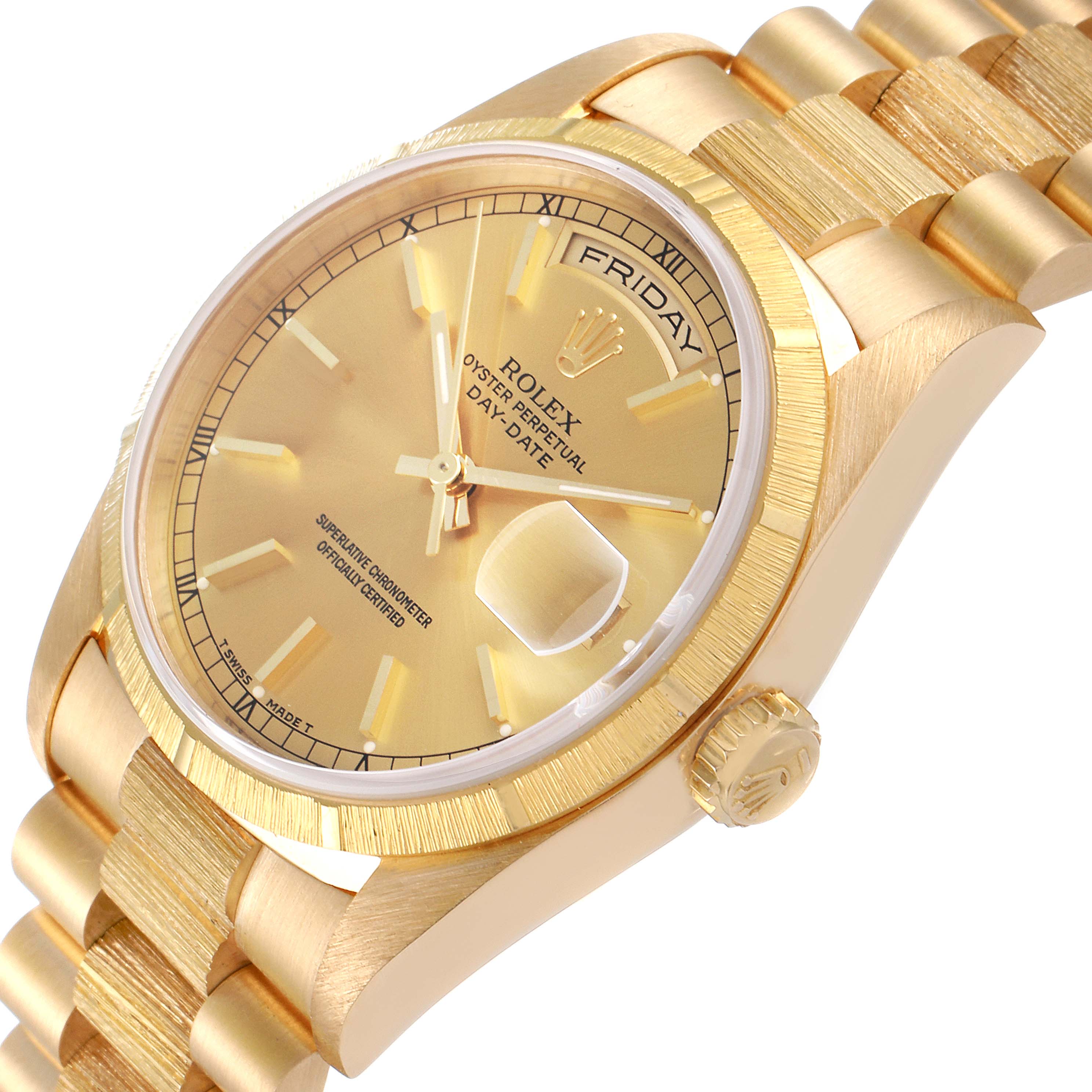 This image shows a close-up angle of the dial, bezel, bracelet, and crown of a Rolex President 18248 Men
s Yellow Gold Champagne Dial 18248 Men
s Yellow Gold Champagne Dial model watch.