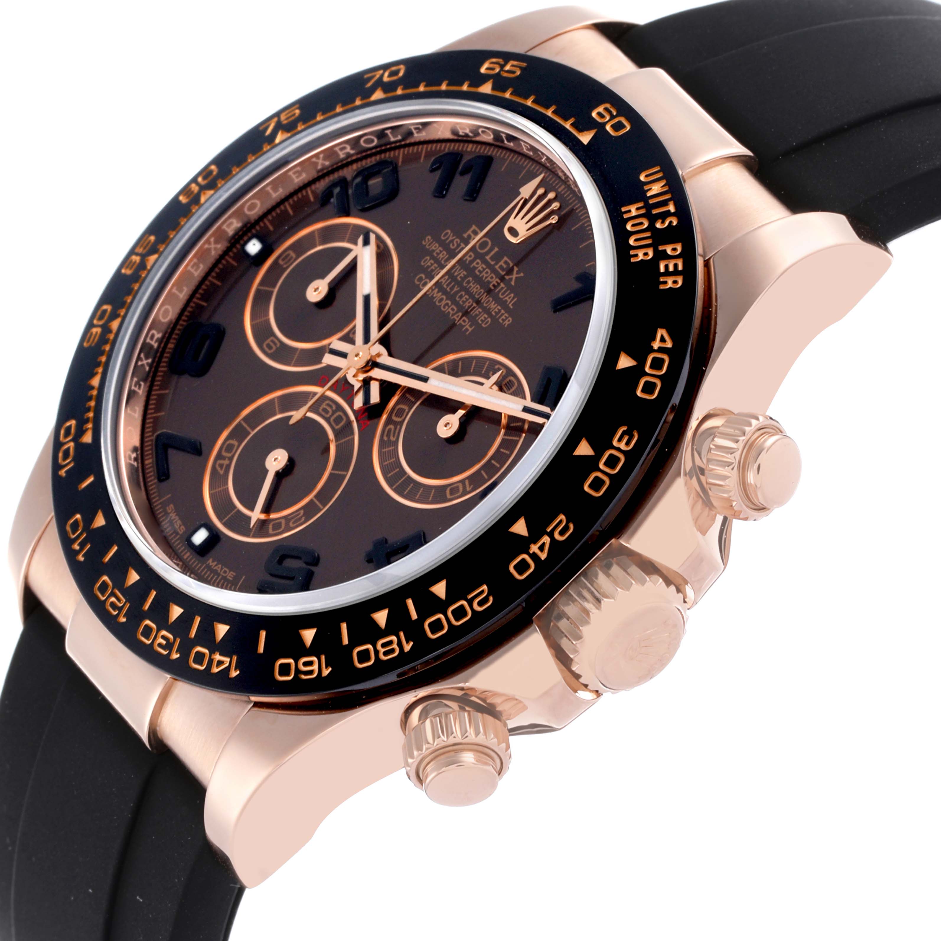 The Rolex Daytona 116515 Men
s Rose Gold Brown Dial 116515 Men
s Rose Gold Brown Dial watch is shown at a slight angle highlighting the bezel, crown, and chronograph pushers.