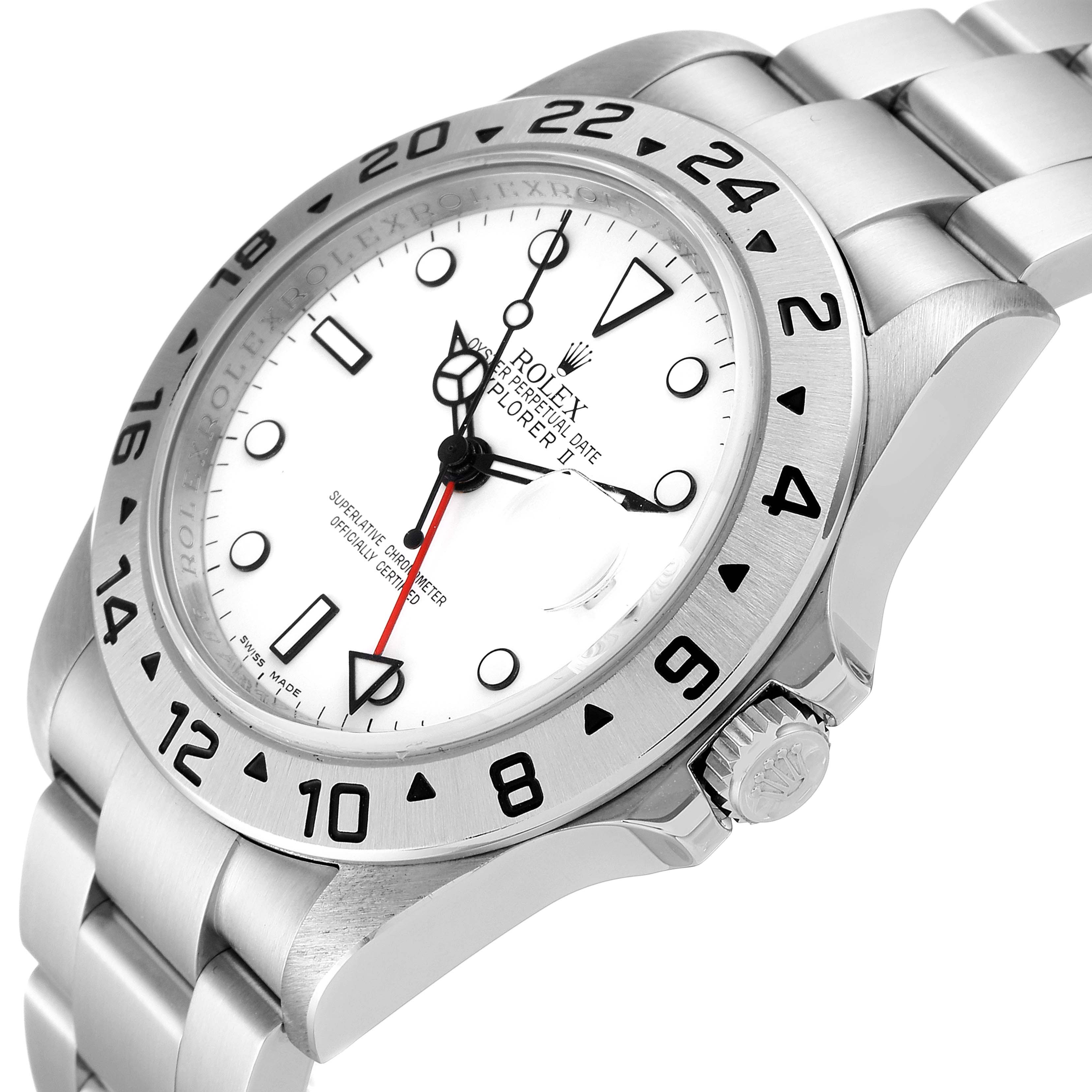 The image shows a side angle of a Rolex Explorer 16570 Men's Stainless Steel White Dial 16570 Men's Stainless Steel White Dial watch, highlighting its dial, bezel, crown, and part of the bracelet.