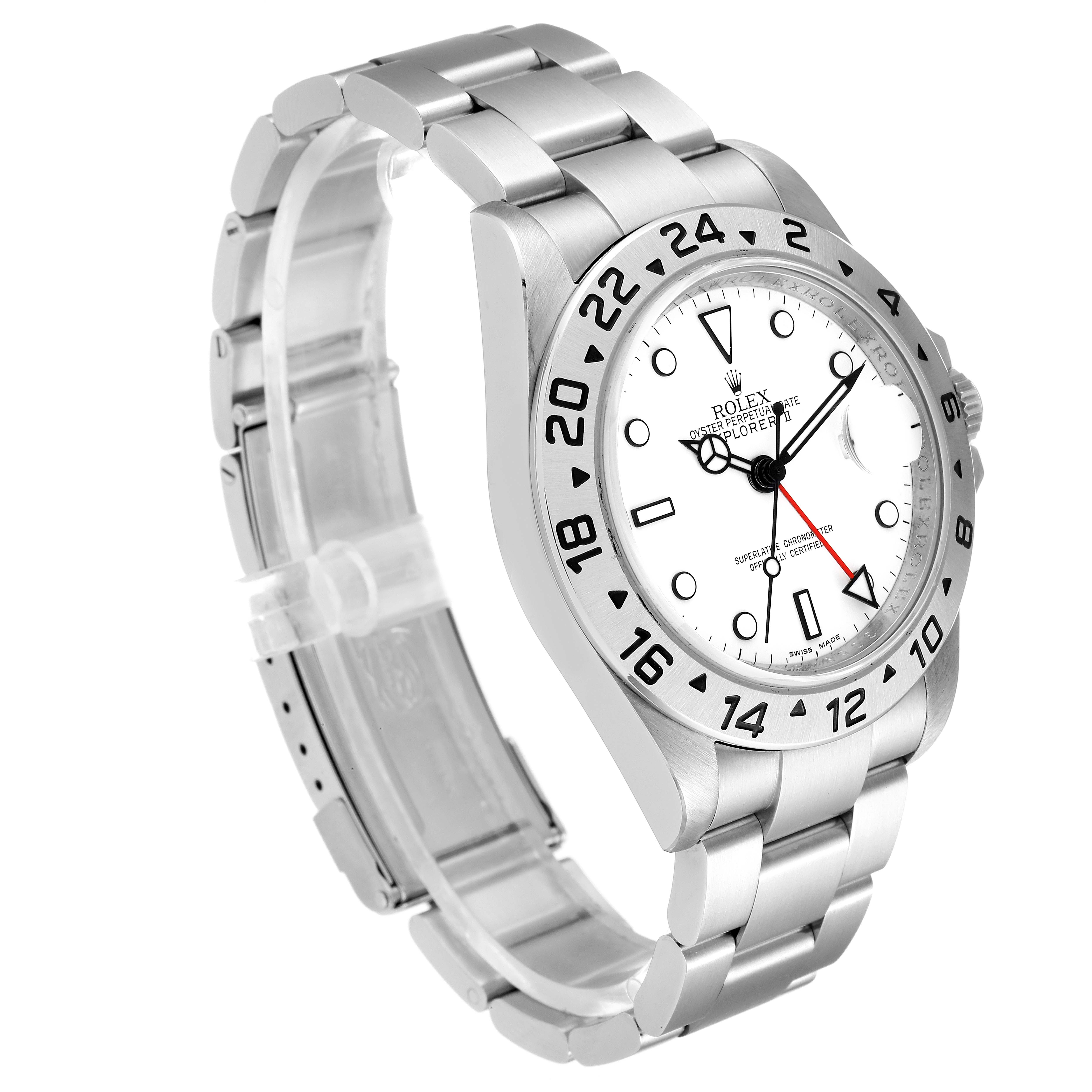 This image shows a Rolex Explorer 16570 Men's Stainless Steel White Dial 16570 Men's Stainless Steel White Dial model watch from an angled perspective, highlighting the face, bezel, and metal bracelet.