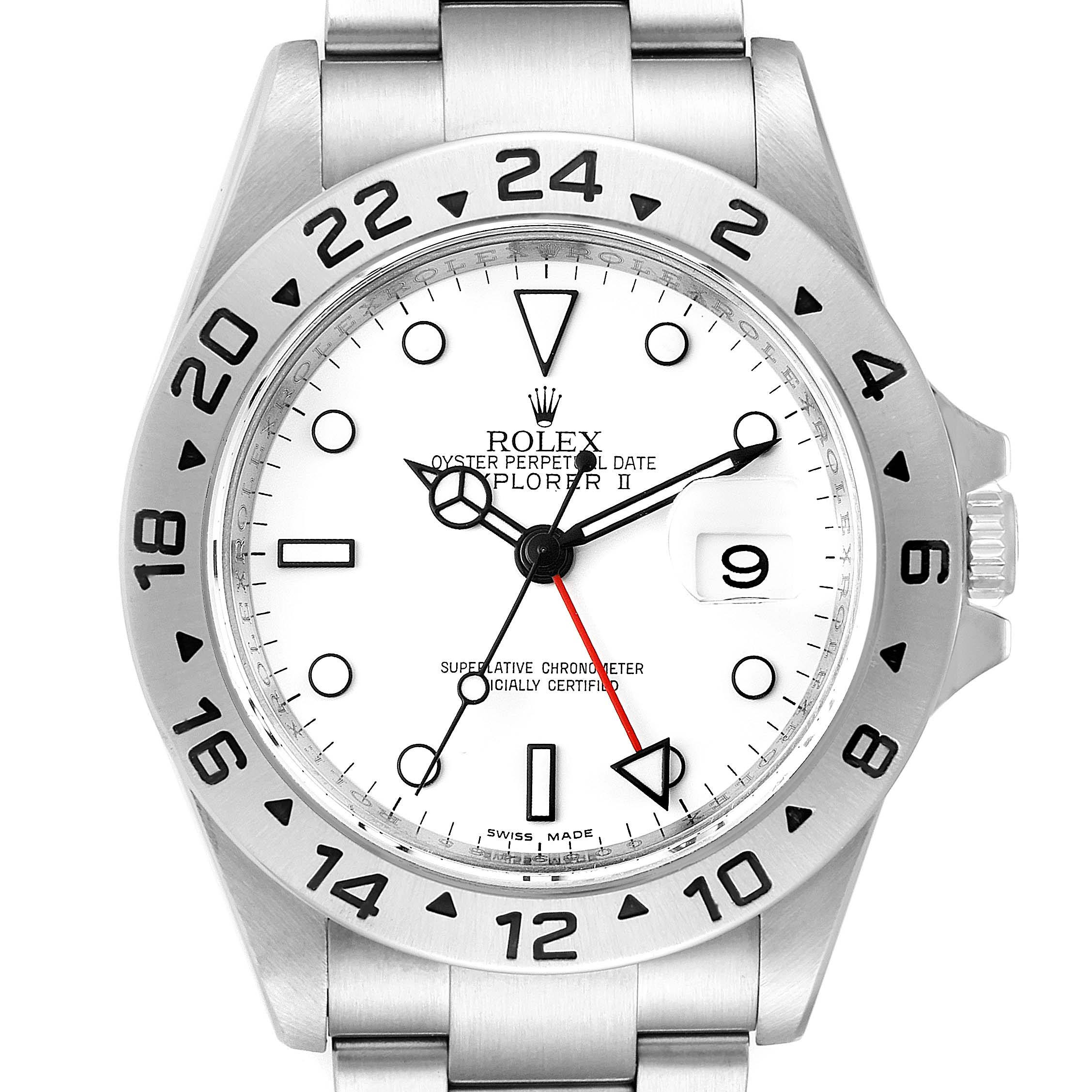 The Rolex Explorer 16570 Men's Stainless Steel White Dial 16570 Men's Stainless Steel White Dial watch is shown from a front angle, displaying the dial, bezel, and part of the bracelet.