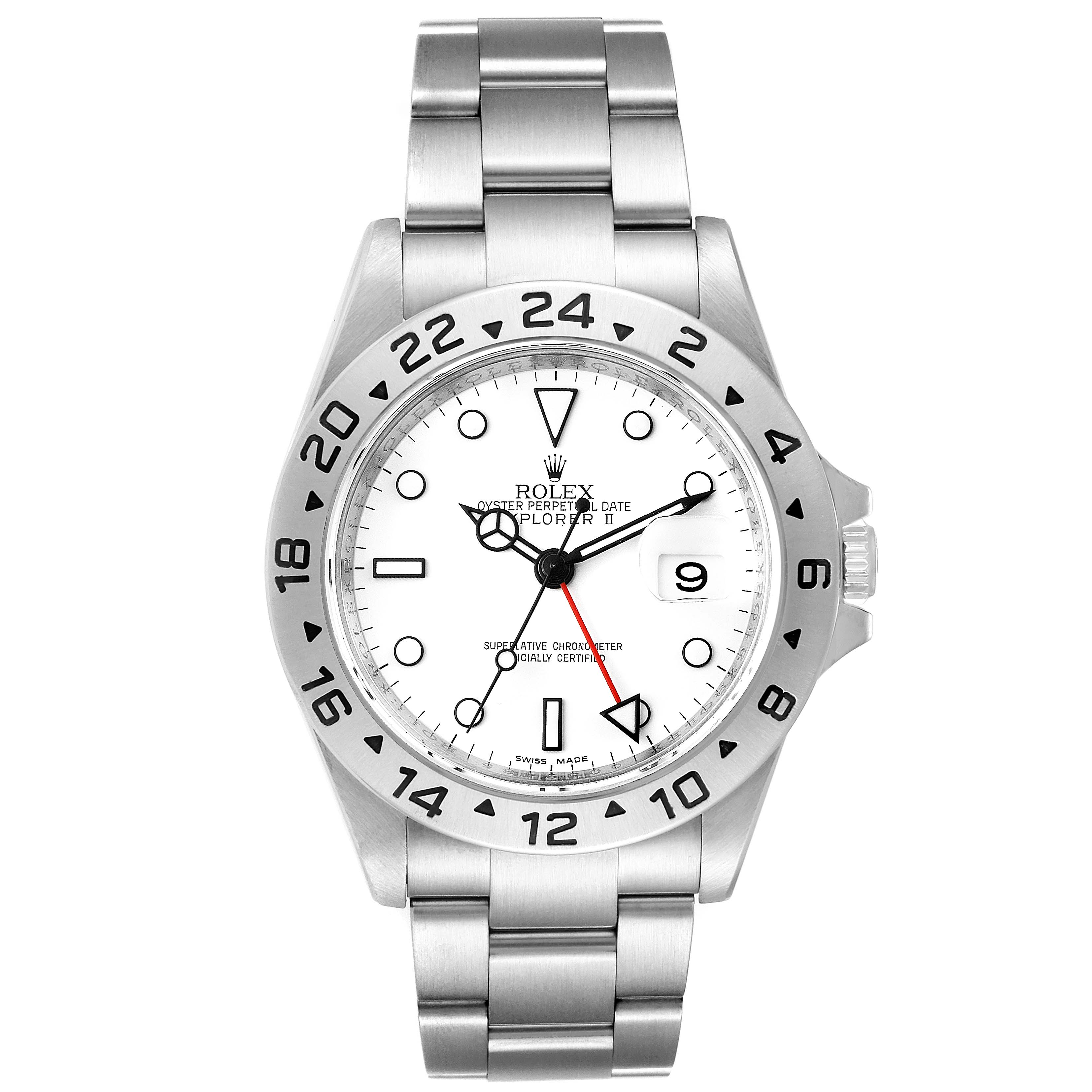 The image shows a front view of the Rolex Explorer 16570 Men's Stainless Steel White Dial 16570 Men's Stainless Steel White Dial watch, displaying its face, bezel, and bracelet.