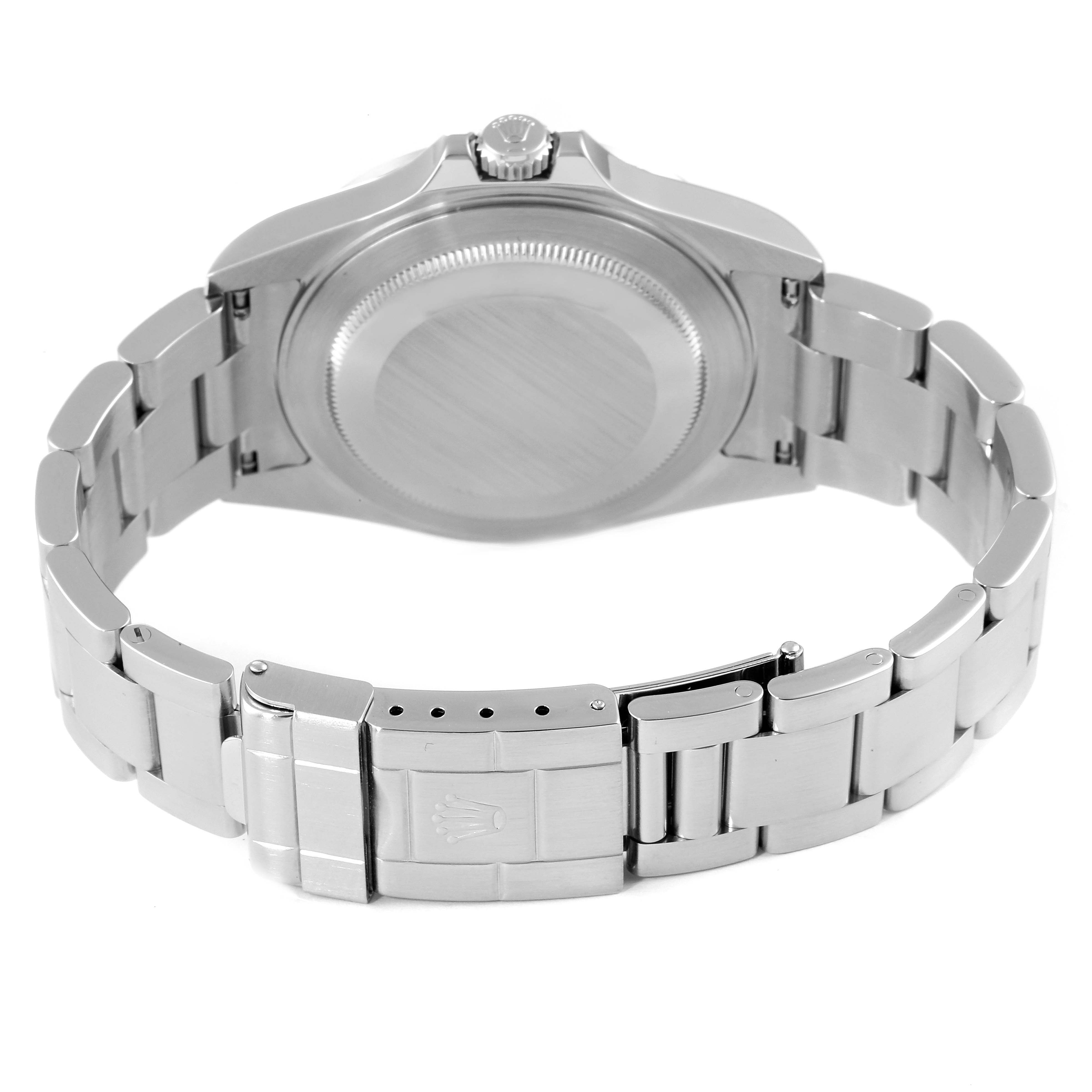 The image shows the back case and bracelet clasp of a Rolex Explorer 16570 Men's Stainless Steel White Dial 16570 Men's Stainless Steel White Dial watch, viewed from the rear.