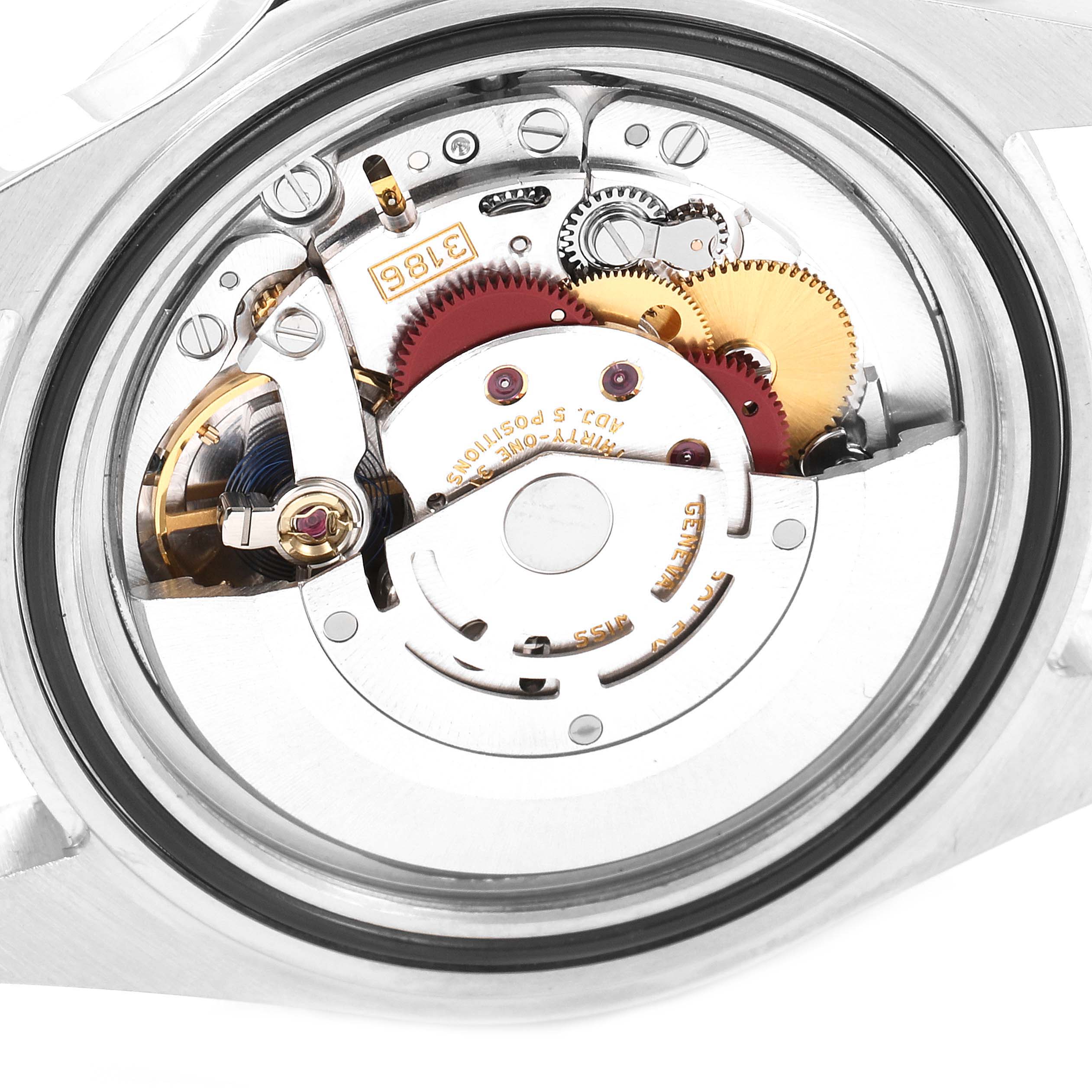 The image shows a close-up of the internal movement parts of a Rolex Explorer 16570 Men's Stainless Steel White Dial 16570 Men's Stainless Steel White Dial watch.