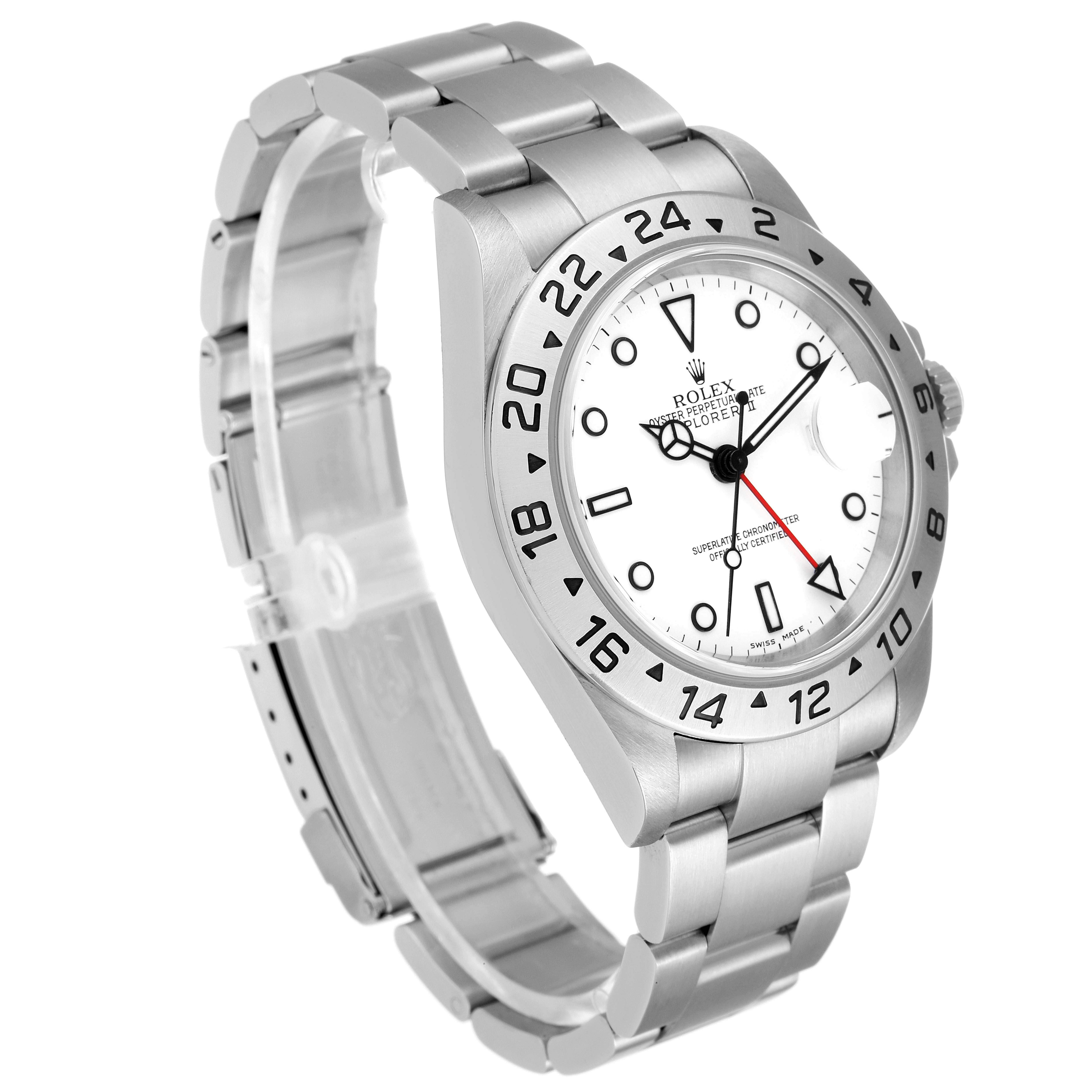 The image shows a Rolex Explorer 16570 Men
s Stainless Steel White Dial 16570 Men
s Stainless Steel White Dial model watch from an angled front view, displaying its face, bezel, and bracelet.