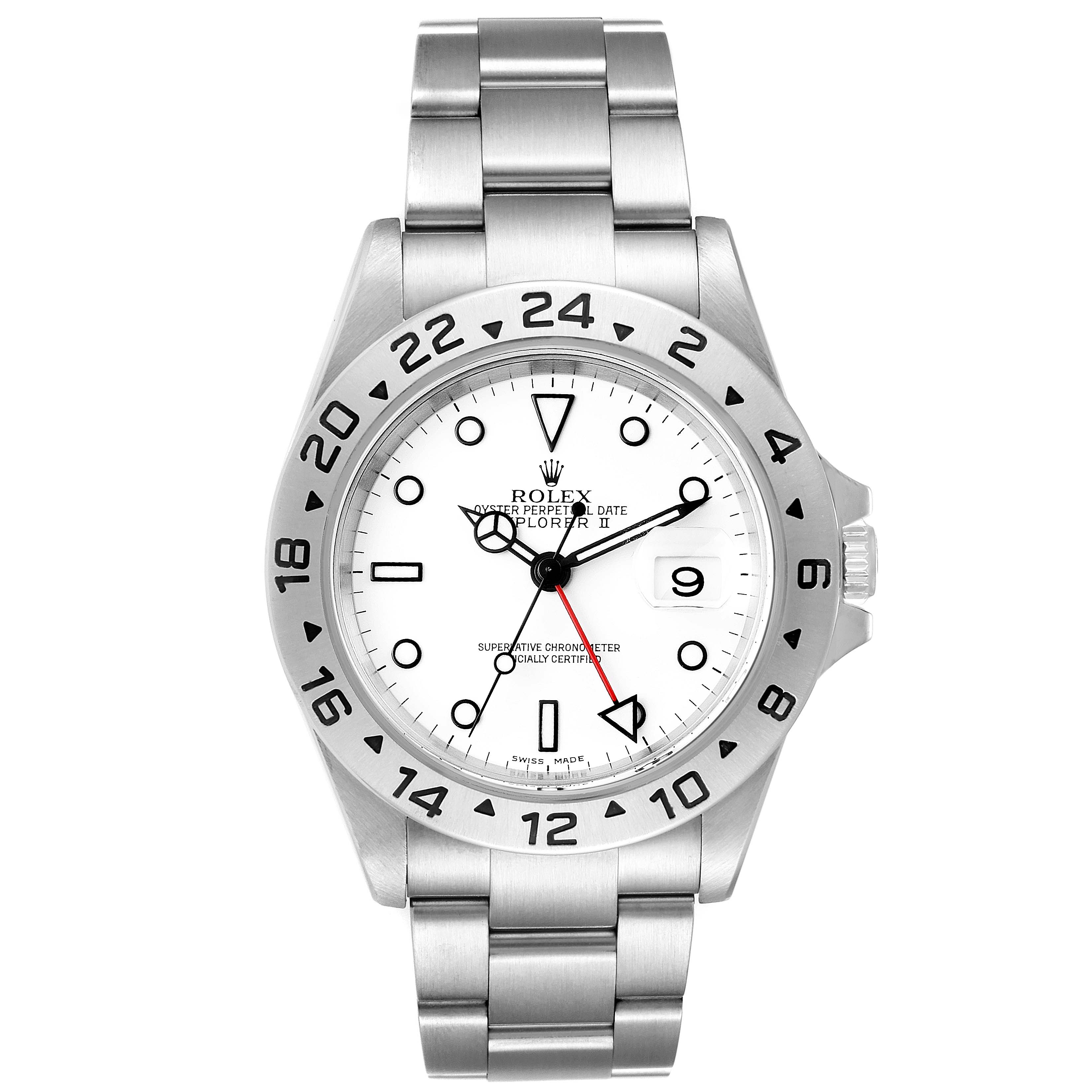 The image shows a frontal view of a Rolex Explorer 16570 Men
s Stainless Steel White Dial 16570 Men
s Stainless Steel White Dial watch, displaying its dial, hands, bezel, and bracelet.