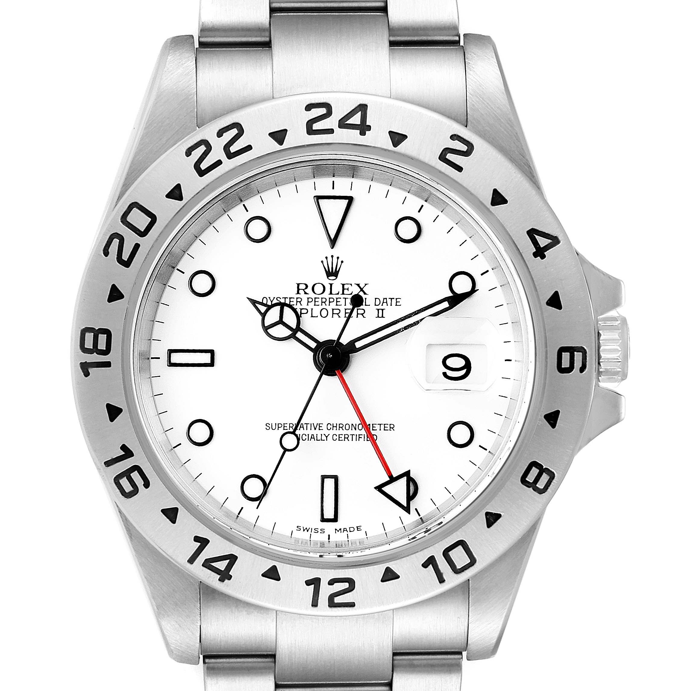 This image shows a front view of the Rolex Explorer 16570 Men
s Stainless Steel White Dial 16570 Men
s Stainless Steel White Dial watch, displaying its dial, bezel, and part of the bracelet.