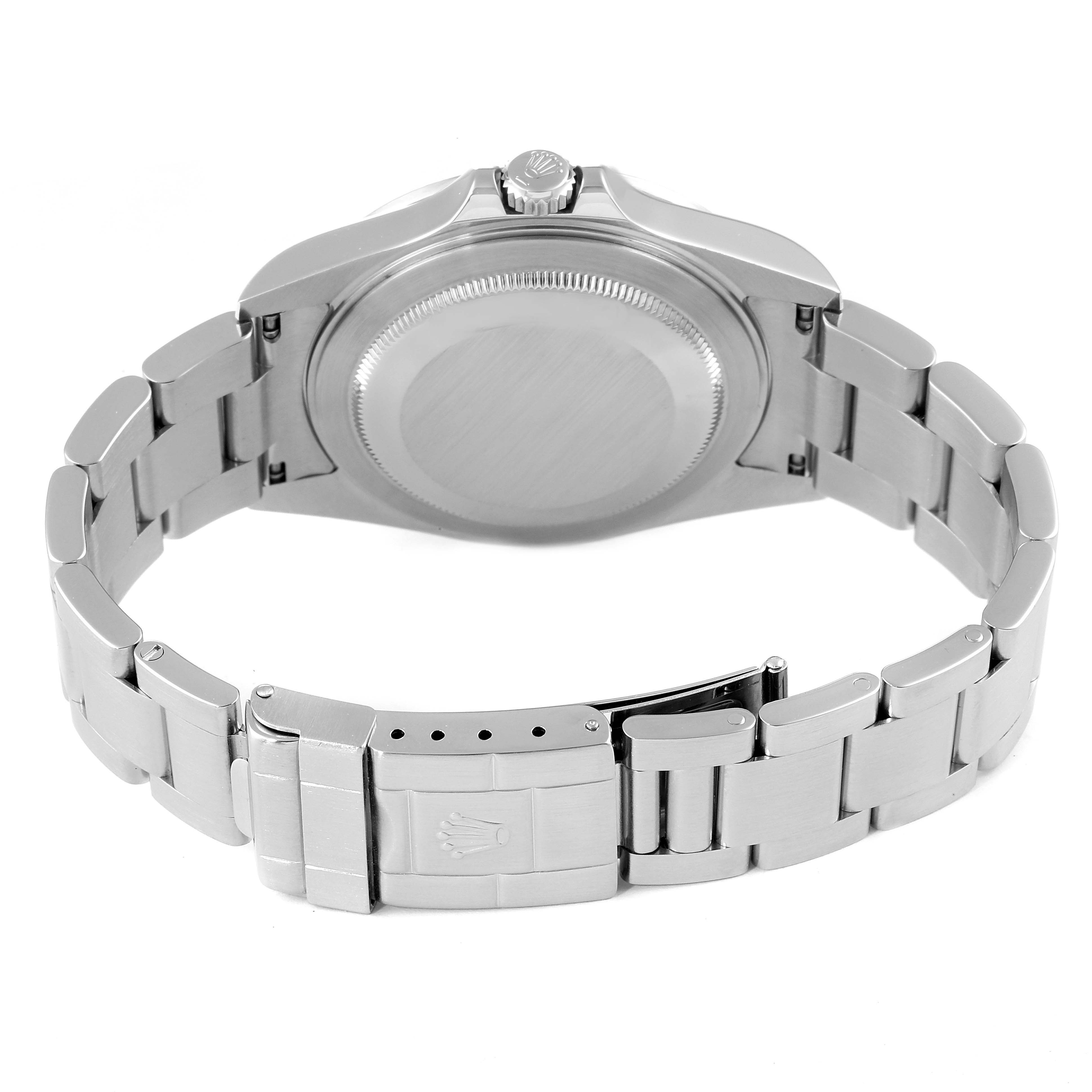 This image shows the back side and closed clasp of a Rolex Explorer 16570 Men
s Stainless Steel White Dial 16570 Men
s Stainless Steel White Dial watch.