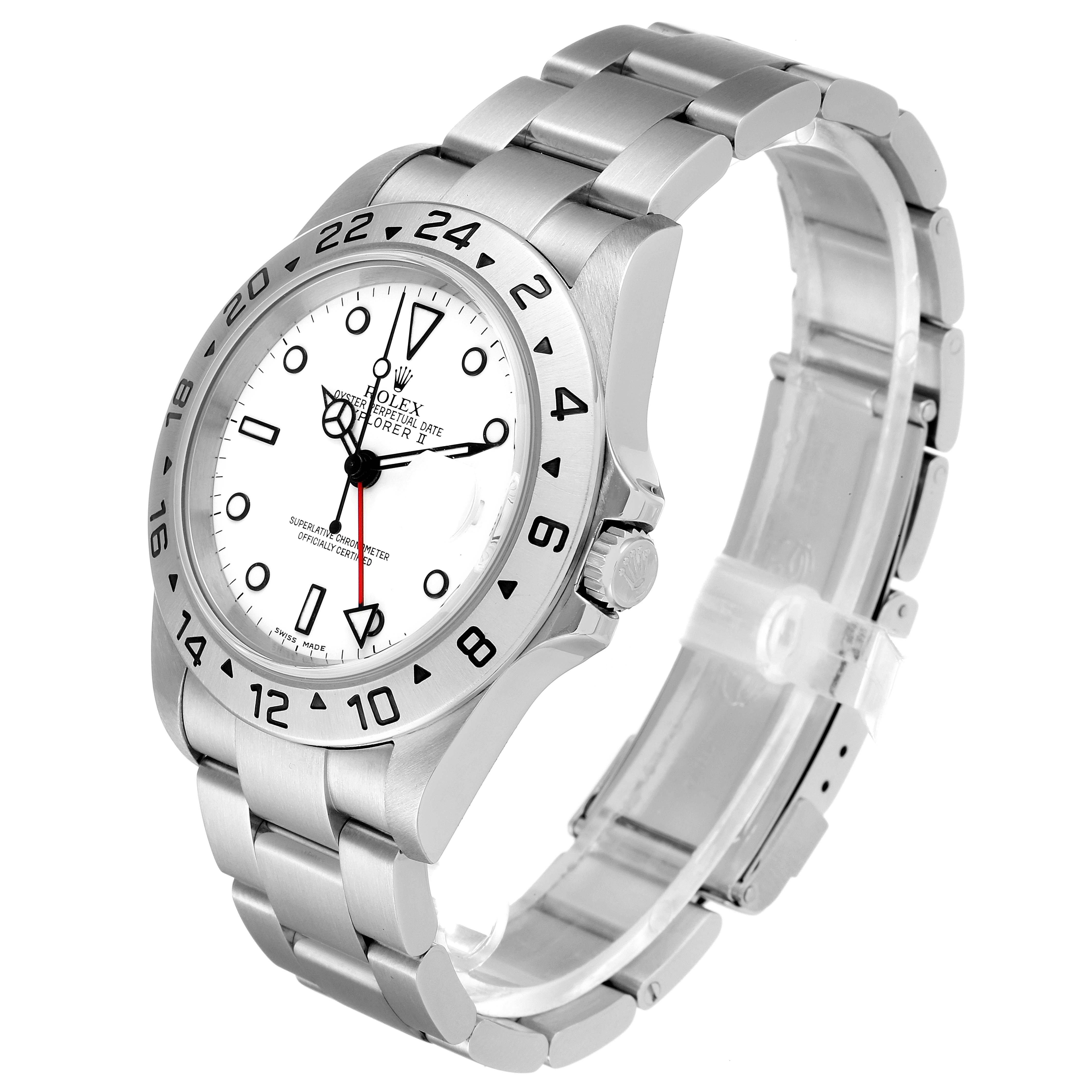 The image shows a Rolex Explorer 16570 Men
s Stainless Steel White Dial 16570 Men
s Stainless Steel White Dial model watch at an angled view, displaying its face, bezel, crown, and bracelet.