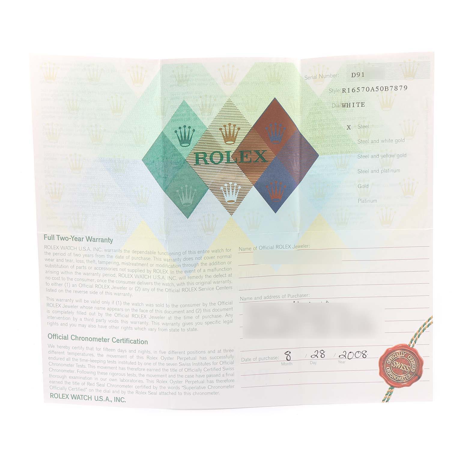 The image shows the warranty card and certificate for a Rolex Explorer 16570 Men
s Stainless Steel White Dial 16570 Men
s Stainless Steel White Dial watch.