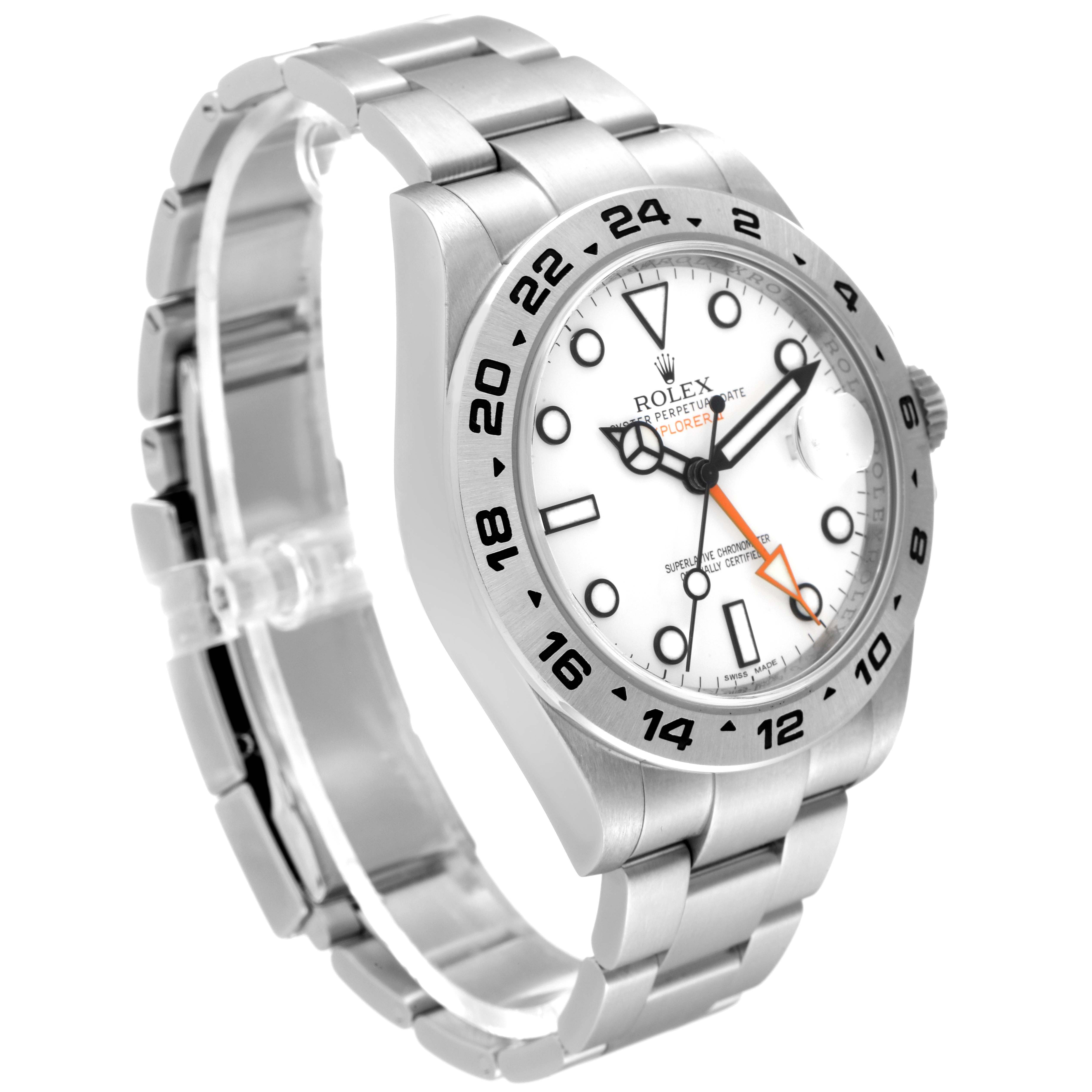 This image shows a Rolex Explorer 216570 Men's Stainless Steel White Dial 216570 Men's Stainless Steel White Dial watch from a three-quarter angle, highlighting its white dial, bezel, and stainless steel bracelet.