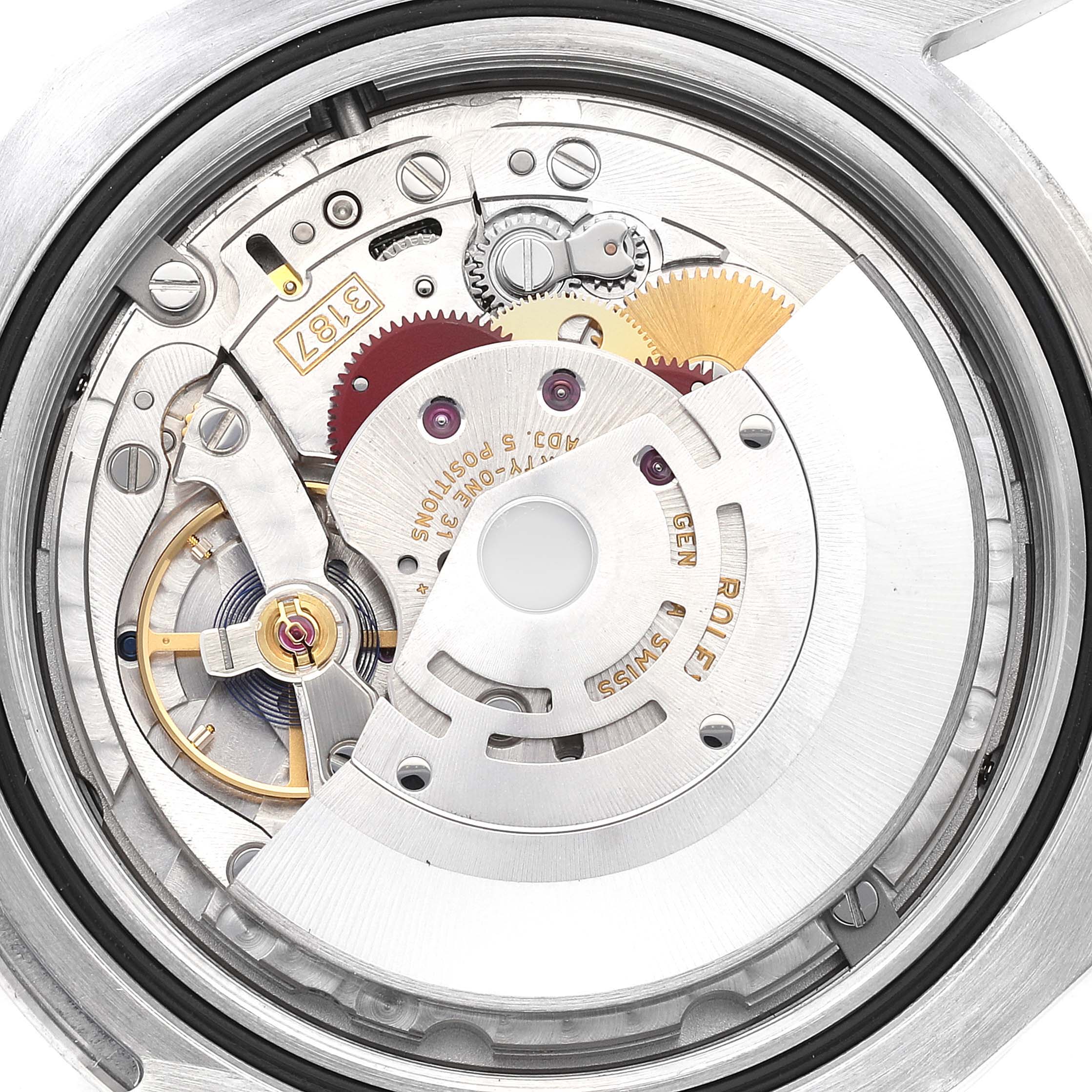 This image shows a close-up view of the movement mechanism inside a Rolex Explorer 216570 Men's Stainless Steel White Dial 216570 Men's Stainless Steel White Dial watch.