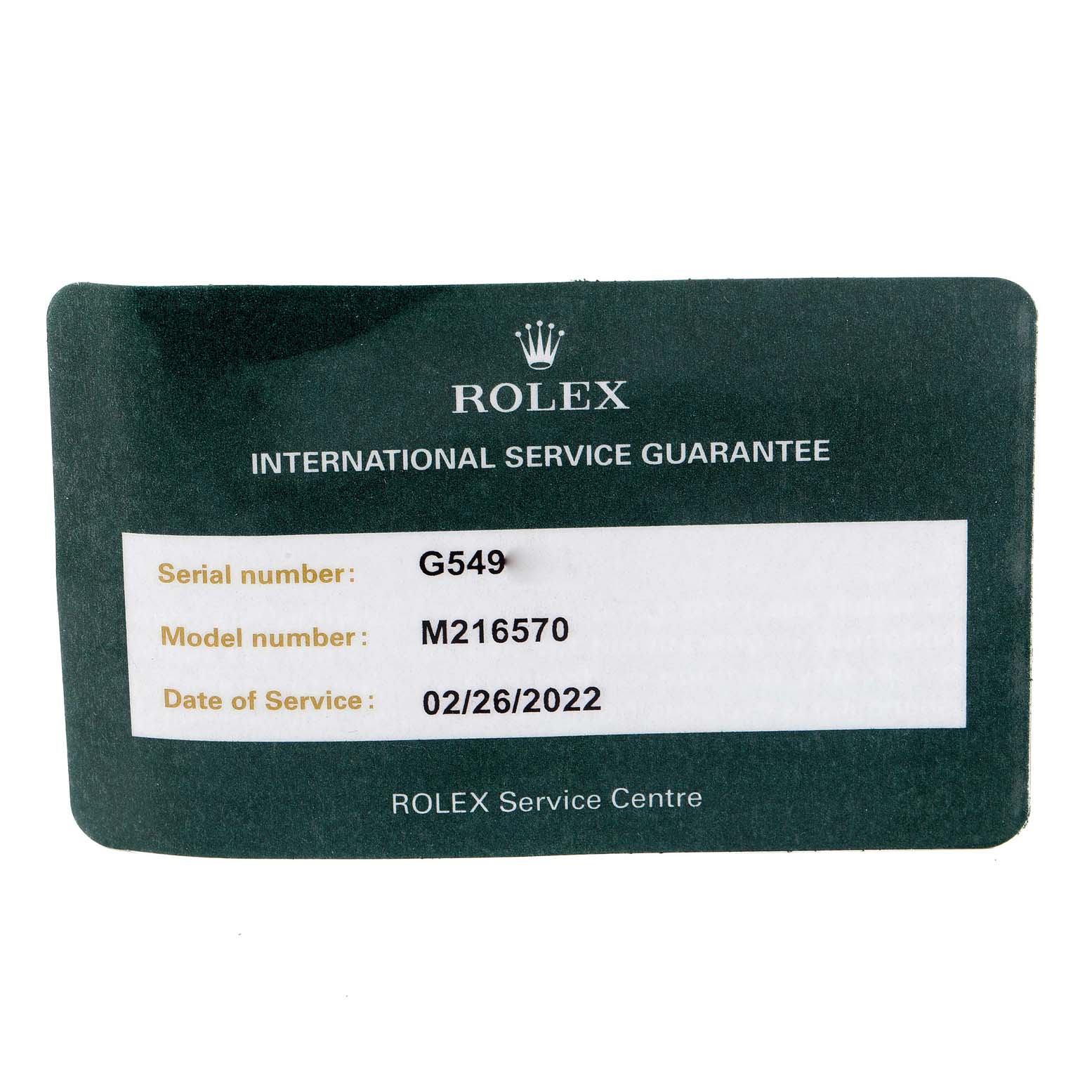 The image shows the international service guarantee card for the Rolex Explorer 216570 Men's Stainless Steel White Dial 216570 Men's Stainless Steel White Dial model M216570.
