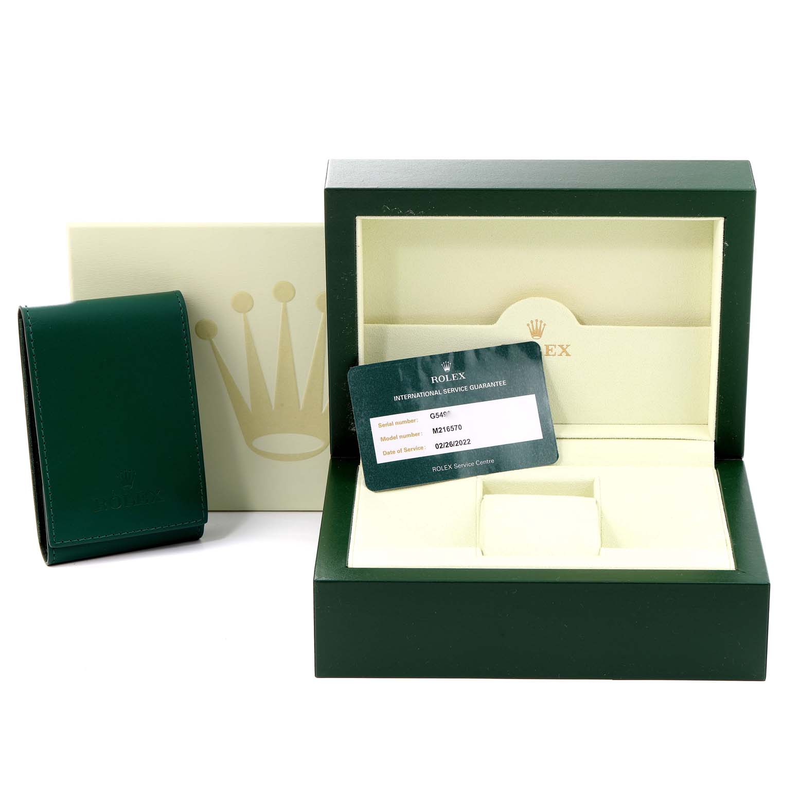 The image shows the packaging, a green Rolex box, and a warranty card for a Rolex Explorer 216570 Men's Stainless Steel White Dial 216570 Men's Stainless Steel White Dial model watch.