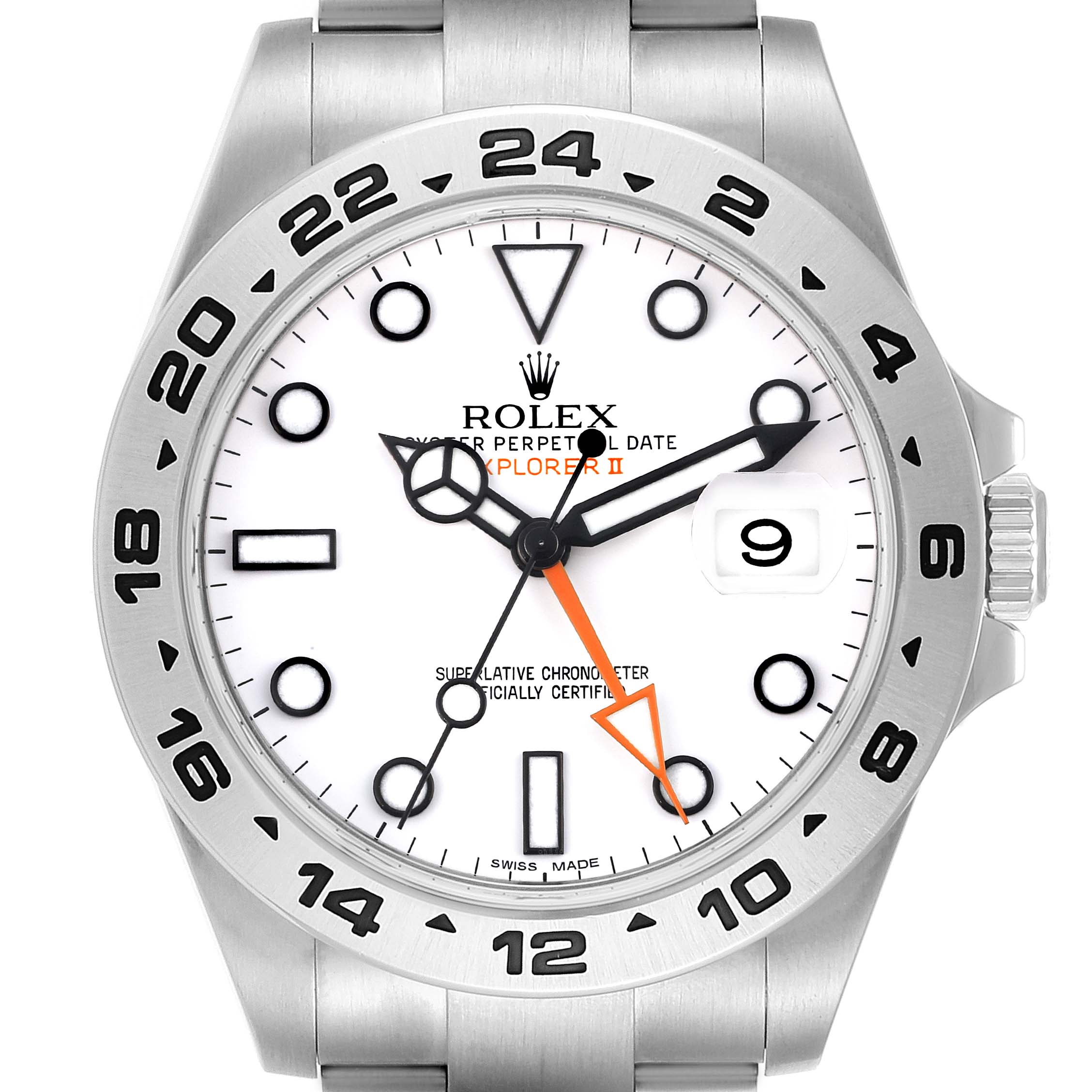 The image shows the front view of a Rolex Explorer 216570 Men's Stainless Steel White Dial 216570 Men's Stainless Steel White Dial watch, highlighting its dial, bezel, and bracelet.