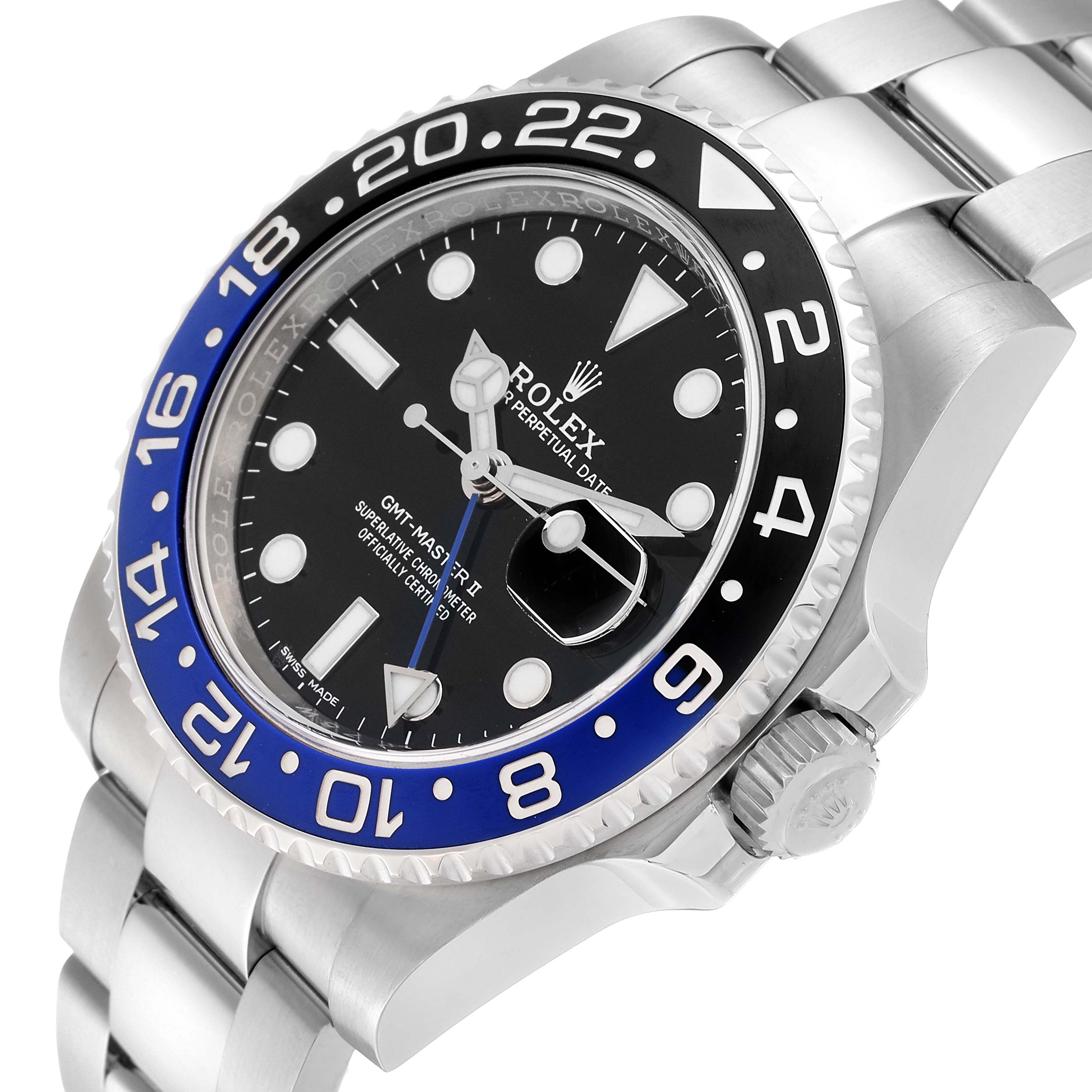 The image shows a close-up angle of a Rolex GMT-Master 116710BLNR Men
s Stainless Steel Black Dial 116710BLNR Men
s Stainless Steel Black Dial II watch, highlighting the bezel, dial, and part of the bracelet.