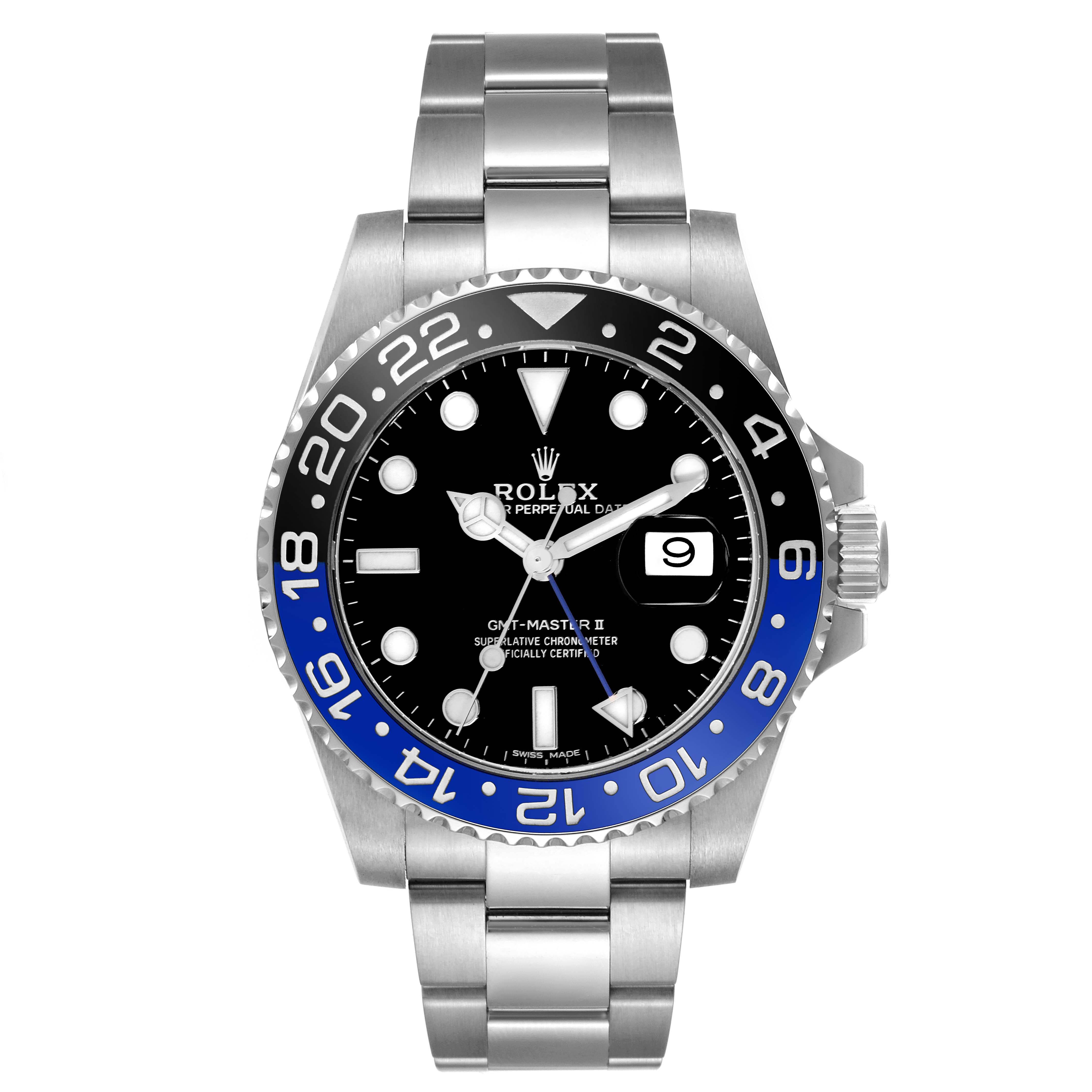 The Rolex GMT-Master 116710BLNR Men
s Stainless Steel Black Dial 116710BLNR Men
s Stainless Steel Black Dial watch is shown from the front, highlighting its bezel, dial, hands, date display, and bracelet.
