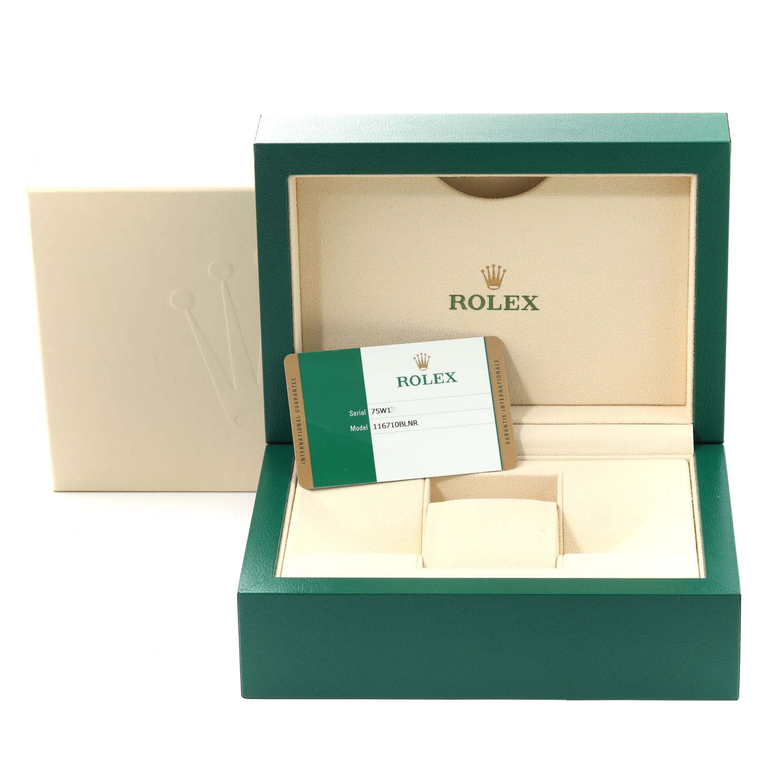 The image shows the packaging and warranty card for the Rolex GMT-Master 116710BLNR Men
s Stainless Steel Black Dial 116710BLNR Men
s Stainless Steel Black Dial model, without the watch.