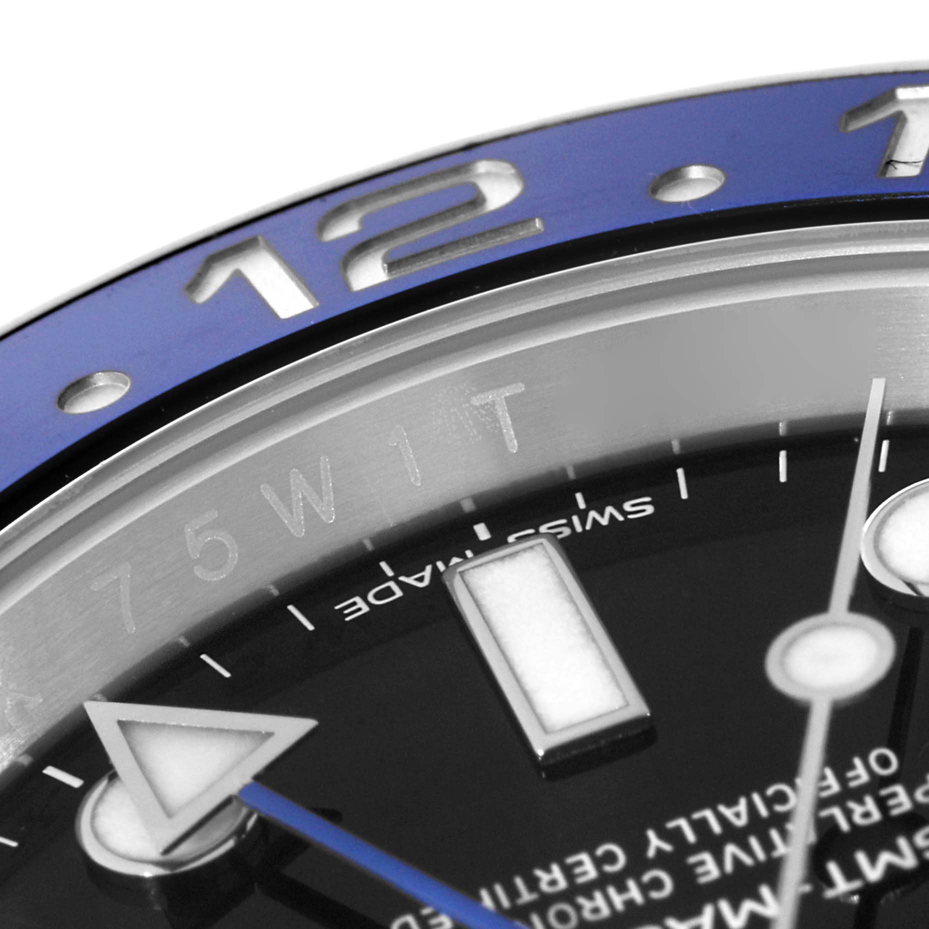 The image shows a close-up view of the bezel, hour markers, and GMT hand of the Rolex GMT-Master 116710BLNR Men
s Stainless Steel Black Dial 116710BLNR Men
s Stainless Steel Black Dial watch.