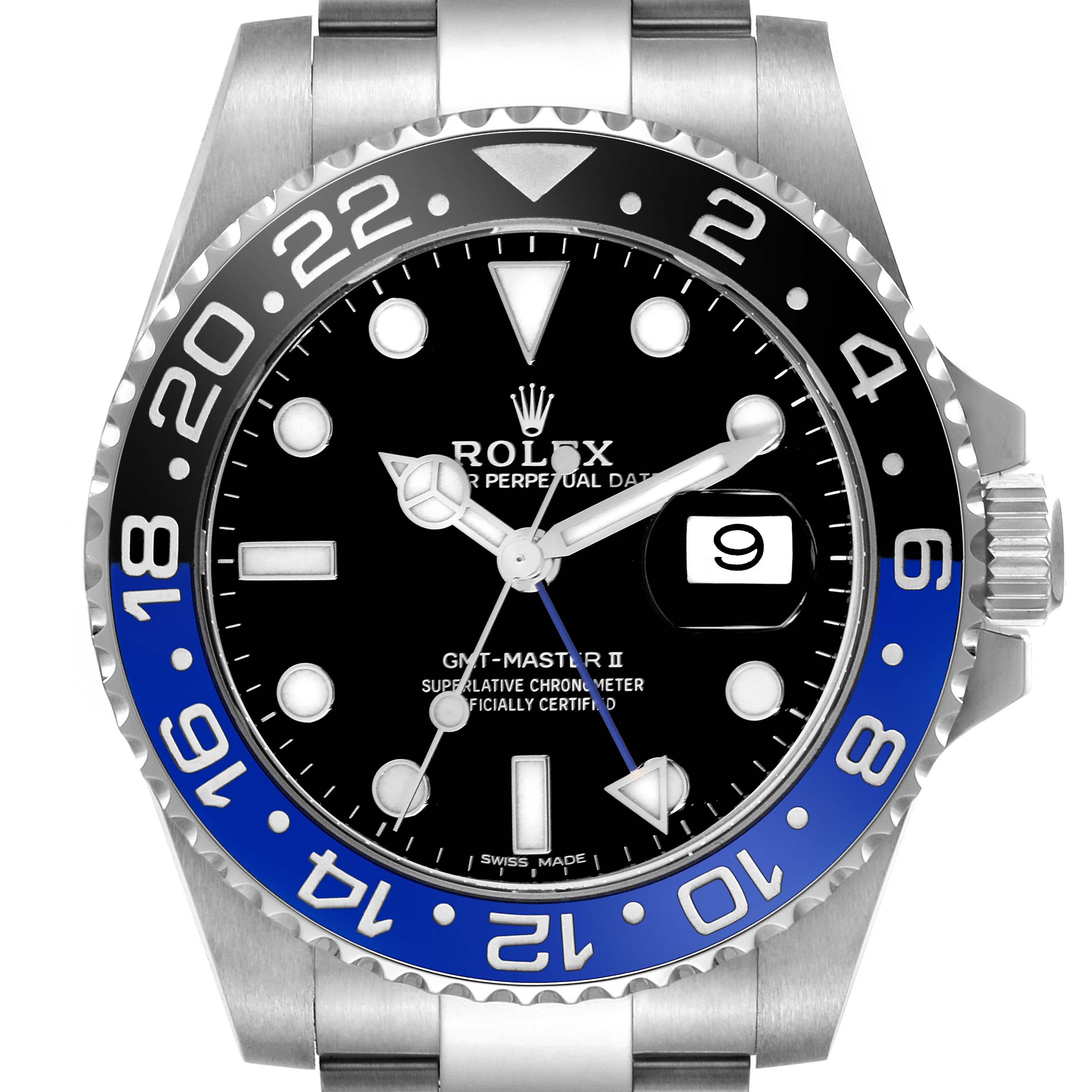 The image shows a frontal view of the Rolex GMT-Master 116710BLNR Men
s Stainless Steel Black Dial 116710BLNR Men
s Stainless Steel Black Dial II, highlighting its black and blue bezel, black dial, and date display.